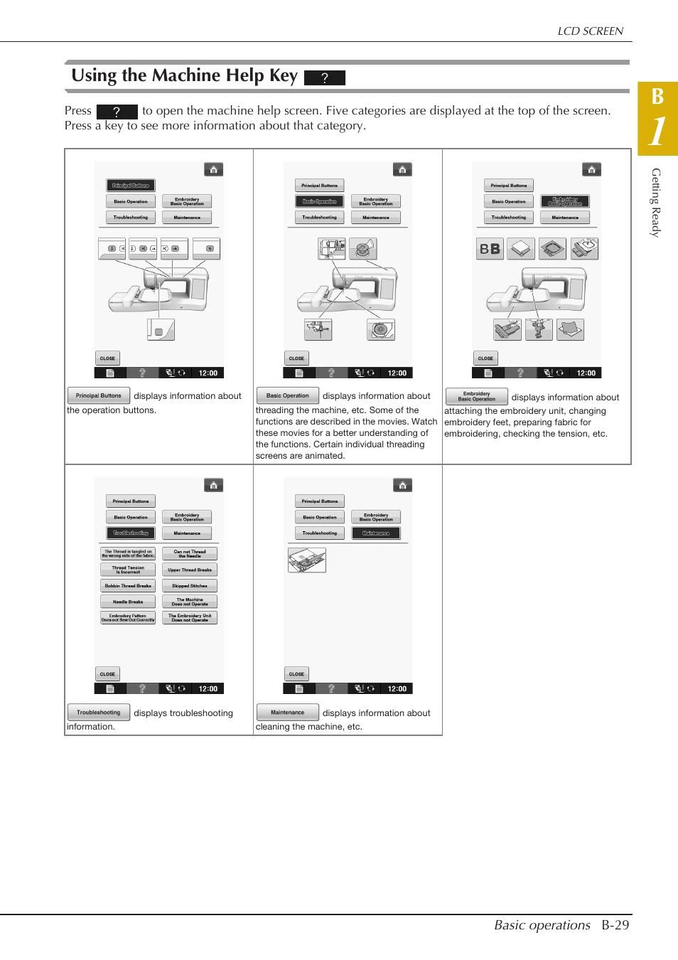 Using the machine help key | Baby Lock Spirit (BLPY) Instruction and Reference Guide User Manual | Page 31 / 184