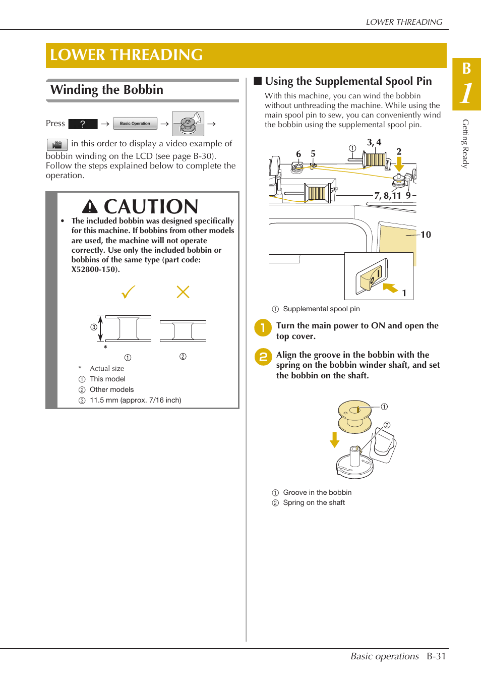 Caution, Lower threading, Winding the bobbin | Baby Lock Spirit (BLPY) Instruction and Reference Guide User Manual | Page 33 / 184