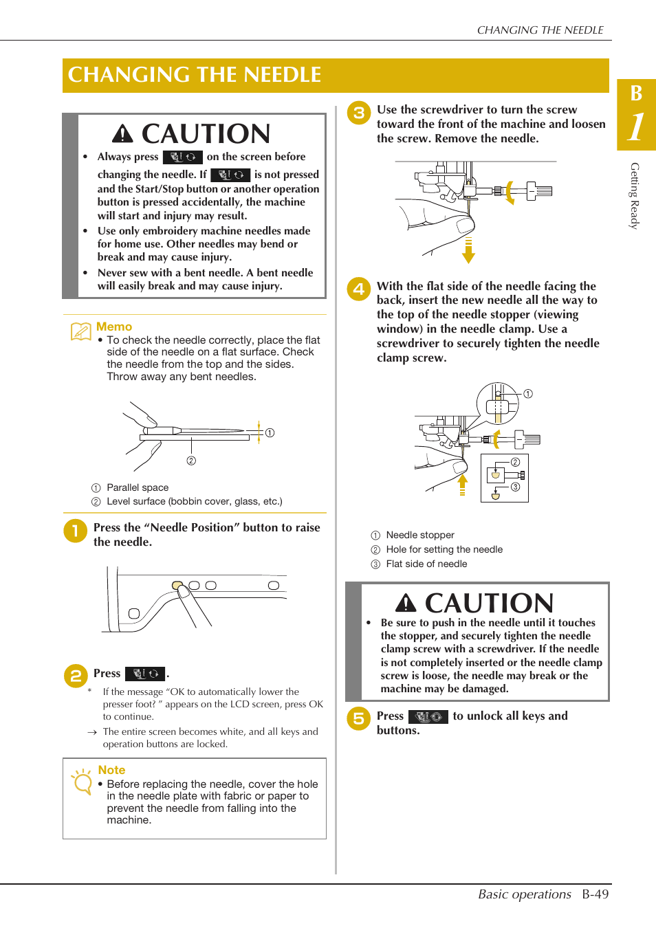 Caution, Changing the needle | Baby Lock Spirit (BLPY) Instruction and Reference Guide User Manual | Page 51 / 184