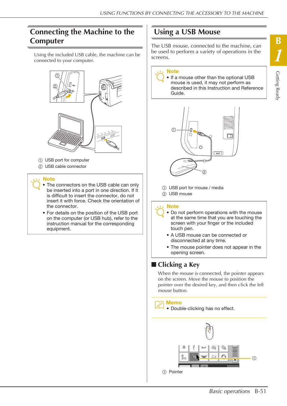 Connecting the machine to the computer, Using a usb mouse, Clicking a key | Baby Lock Spirit (BLPY) Instruction and Reference Guide User Manual | Page 53 / 184