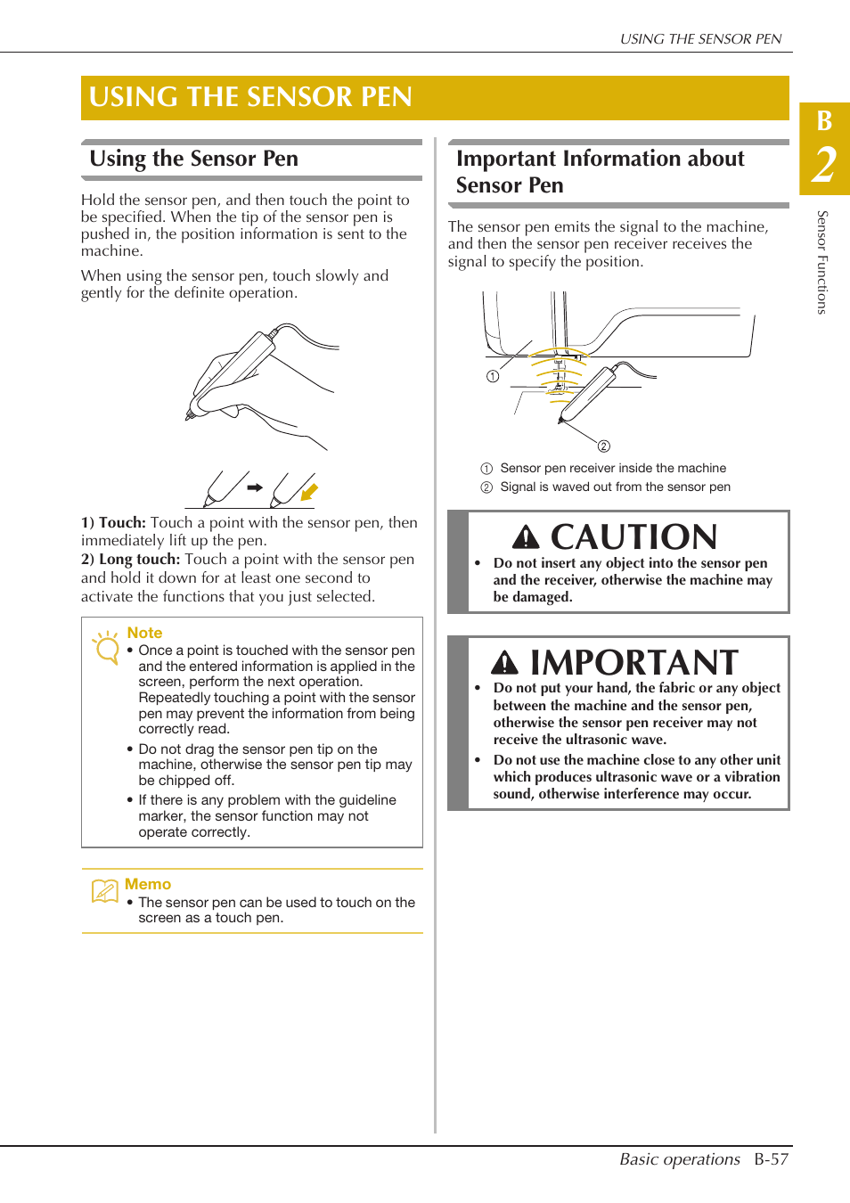 Caution, Important, Using the sensor pen | Important information about sensor pen | Baby Lock Spirit (BLPY) Instruction and Reference Guide User Manual | Page 59 / 184
