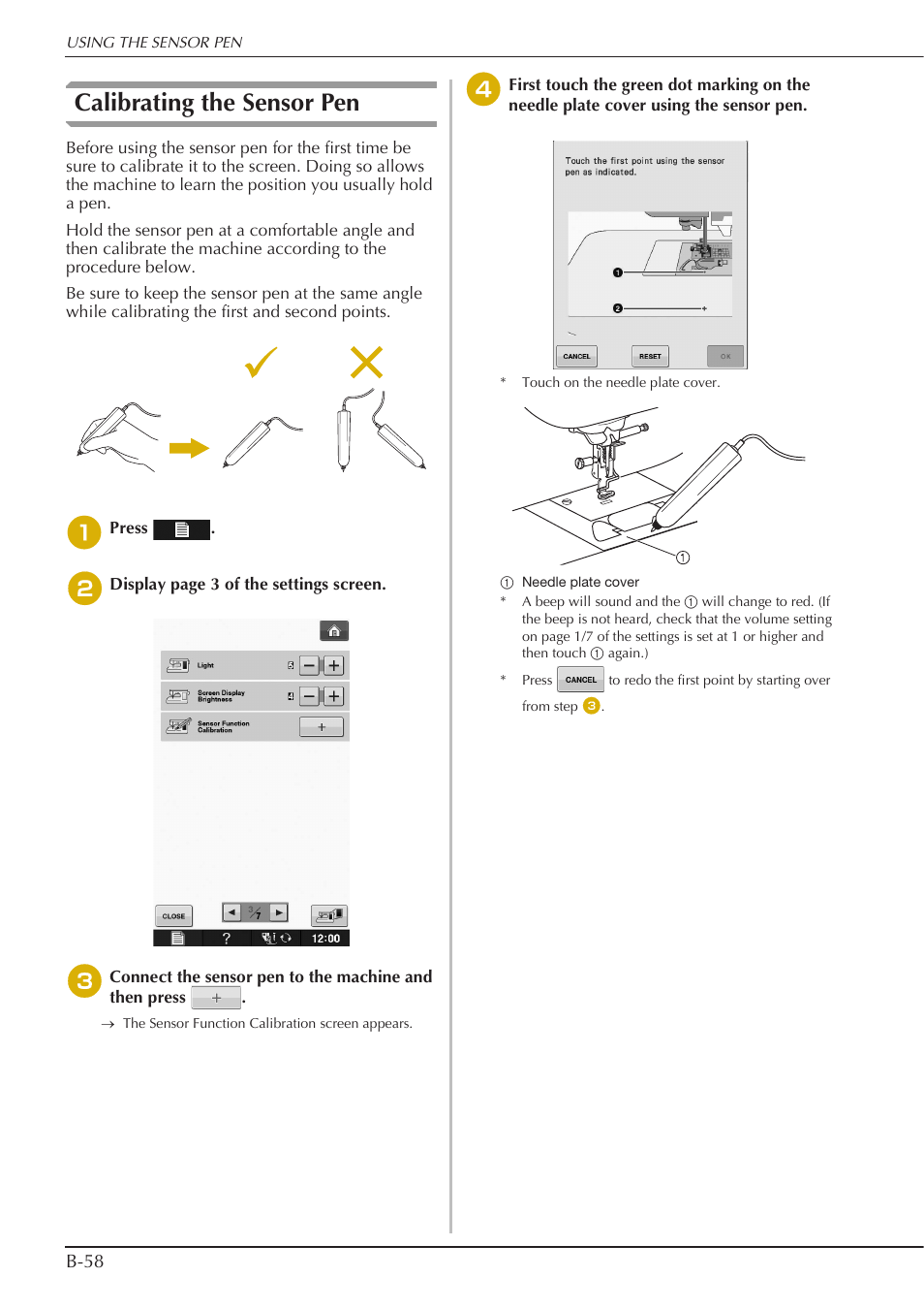 Calibrating the sensor pen, B-58 | Baby Lock Spirit (BLPY) Instruction and Reference Guide User Manual | Page 60 / 184