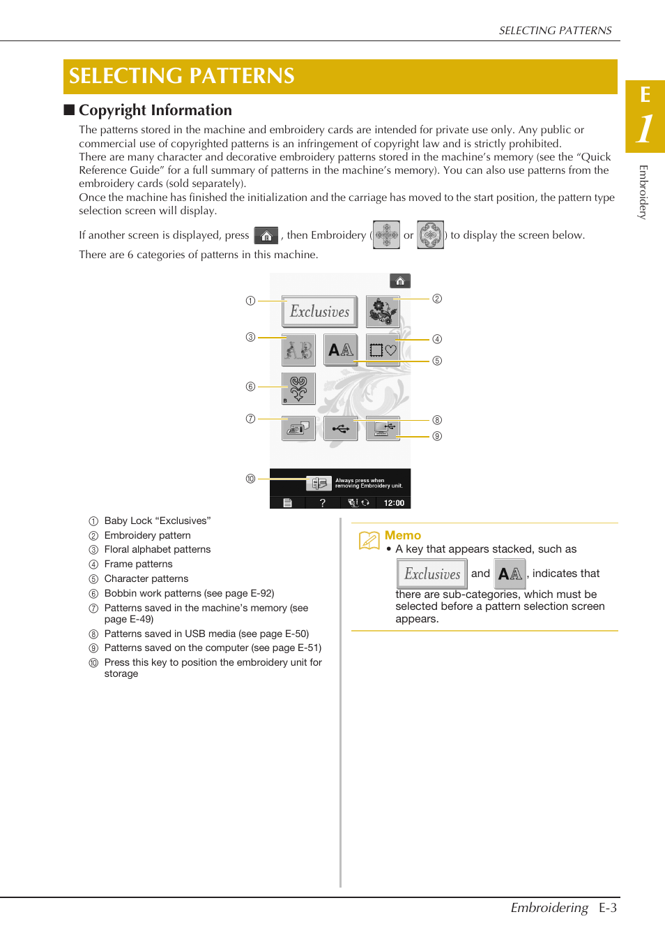 Selecting patterns, Copyright information | Baby Lock Spirit (BLPY) Instruction and Reference Guide User Manual | Page 69 / 184