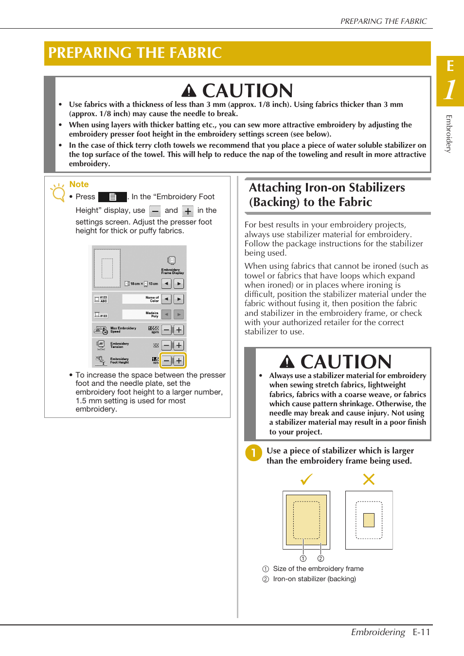 Caution, Preparing the fabric | Baby Lock Spirit (BLPY) Instruction and Reference Guide User Manual | Page 77 / 184