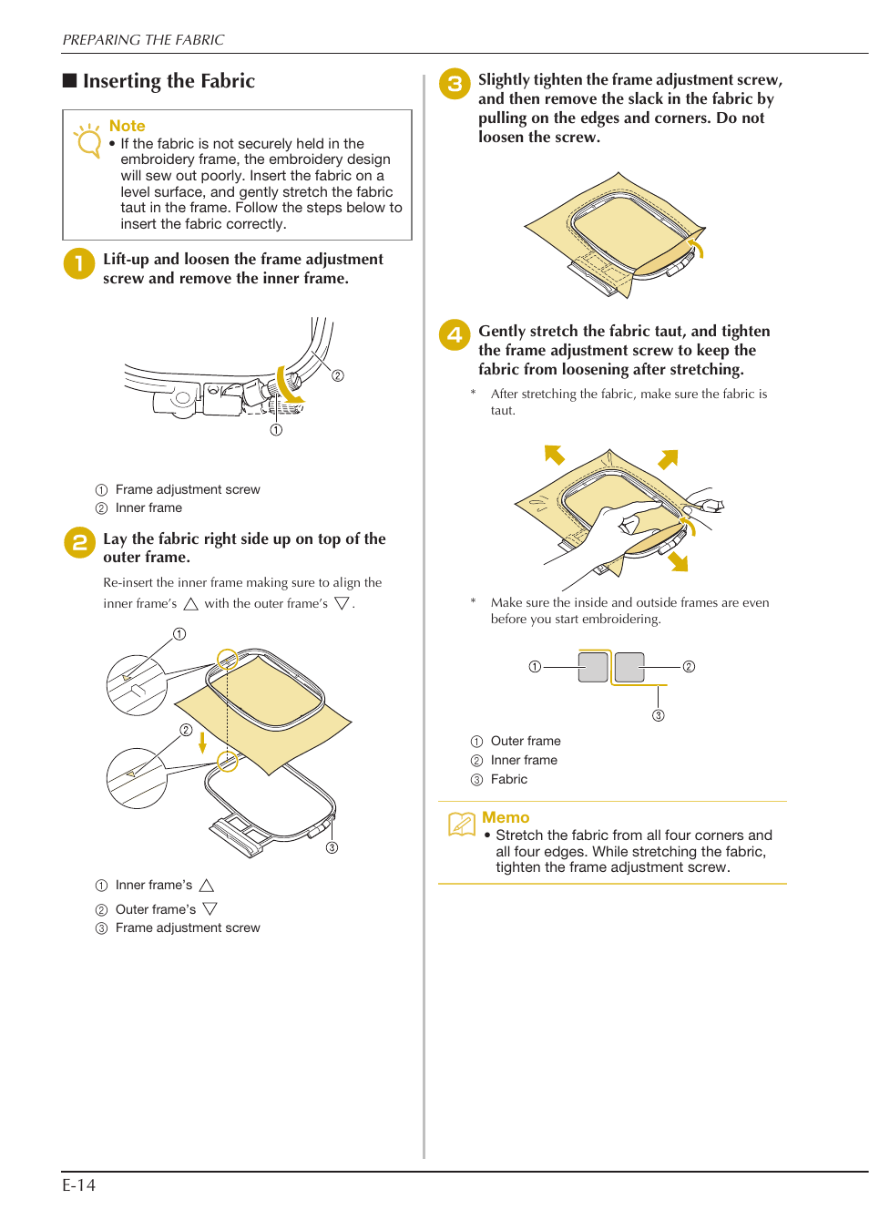 Inserting the fabric, E-14 | Baby Lock Spirit (BLPY) Instruction and Reference Guide User Manual | Page 80 / 184