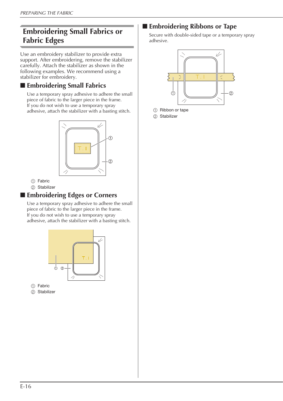 Embroidering small fabrics or fabric edges, Embroidering small fabrics, Embroidering edges or corners | Embroidering ribbons or tape | Baby Lock Spirit (BLPY) Instruction and Reference Guide User Manual | Page 82 / 184