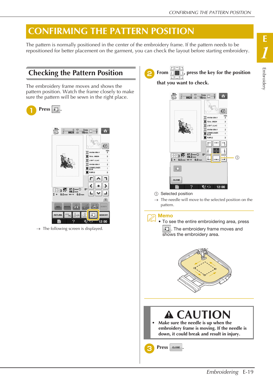 Caution, Confirming the pattern position, Checking the pattern position | Baby Lock Spirit (BLPY) Instruction and Reference Guide User Manual | Page 85 / 184