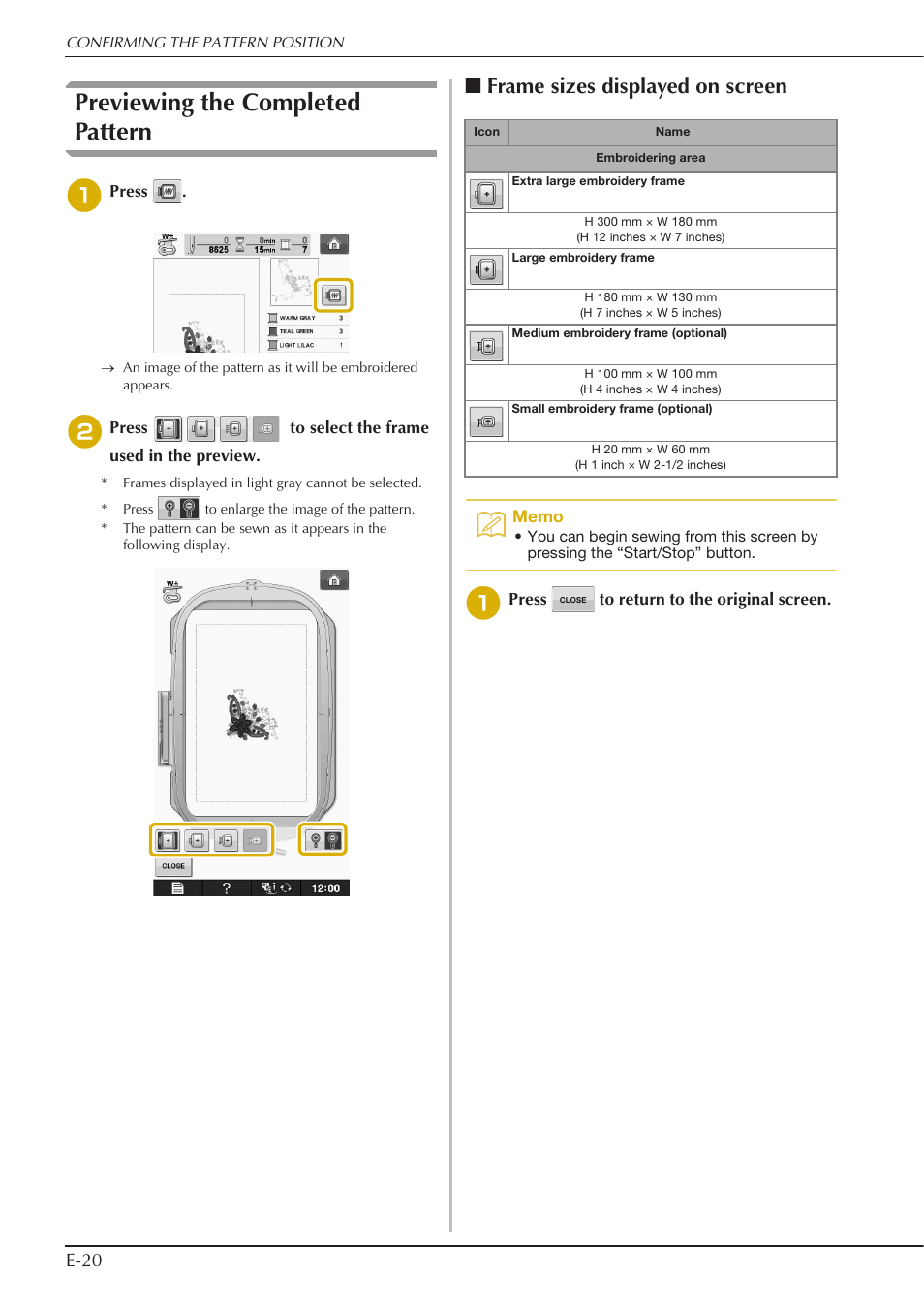 Previewing the completed pattern, Frame sizes displayed on screen, E-20 | Baby Lock Spirit (BLPY) Instruction and Reference Guide User Manual | Page 86 / 184