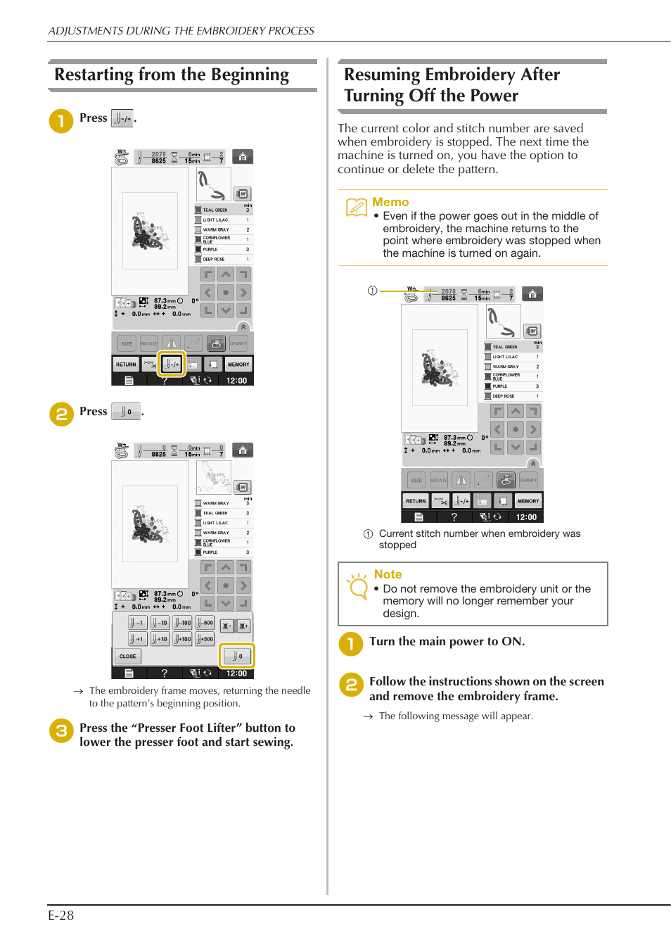 Restarting from the beginning, Resuming embroidery after turning off the power | Baby Lock Spirit (BLPY) Instruction and Reference Guide User Manual | Page 94 / 184