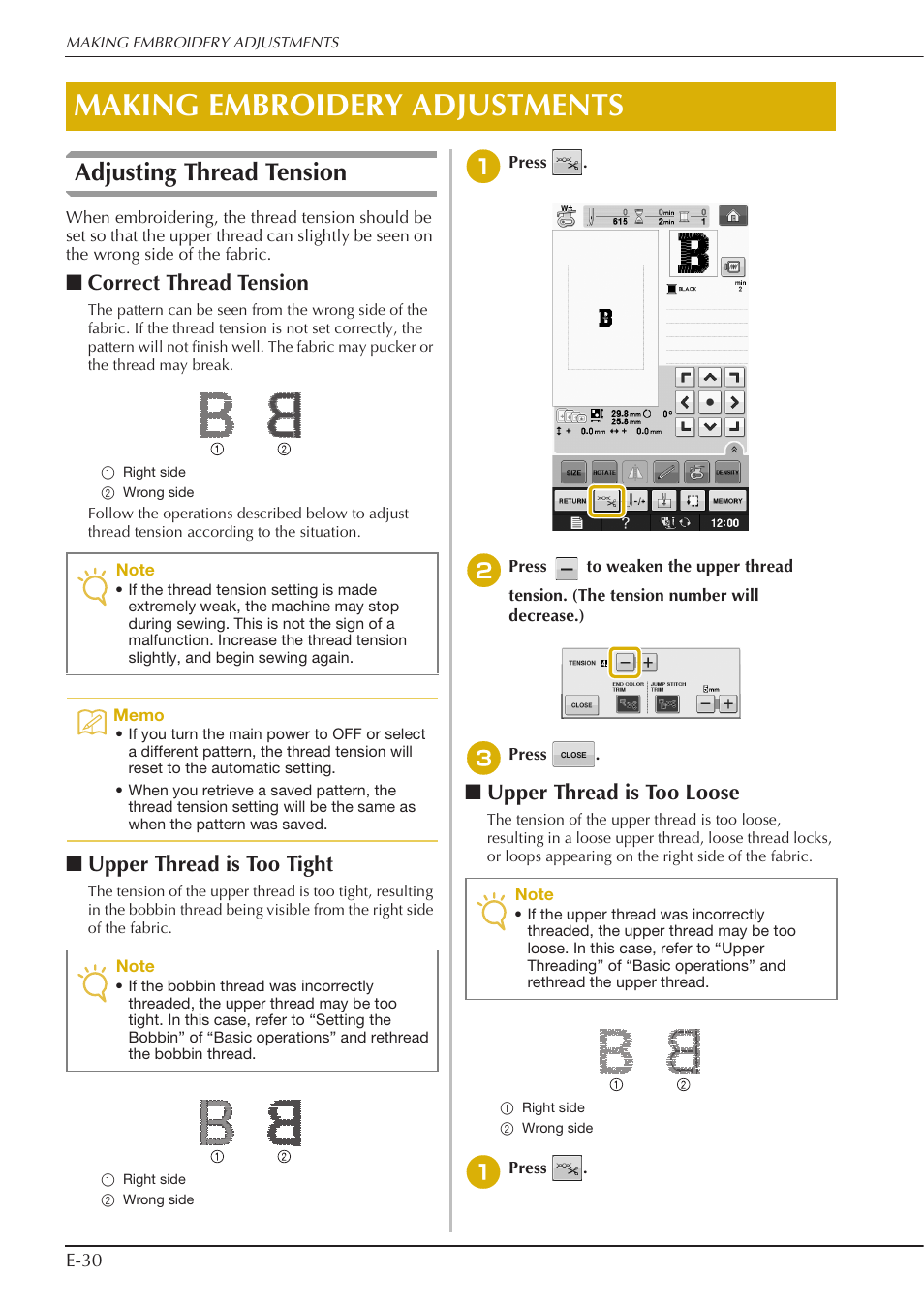 Making embroidery adjustments, Adjusting thread tension, Correct thread tension | Upper thread is too tight, Upper thread is too loose | Baby Lock Spirit (BLPY) Instruction and Reference Guide User Manual | Page 96 / 184