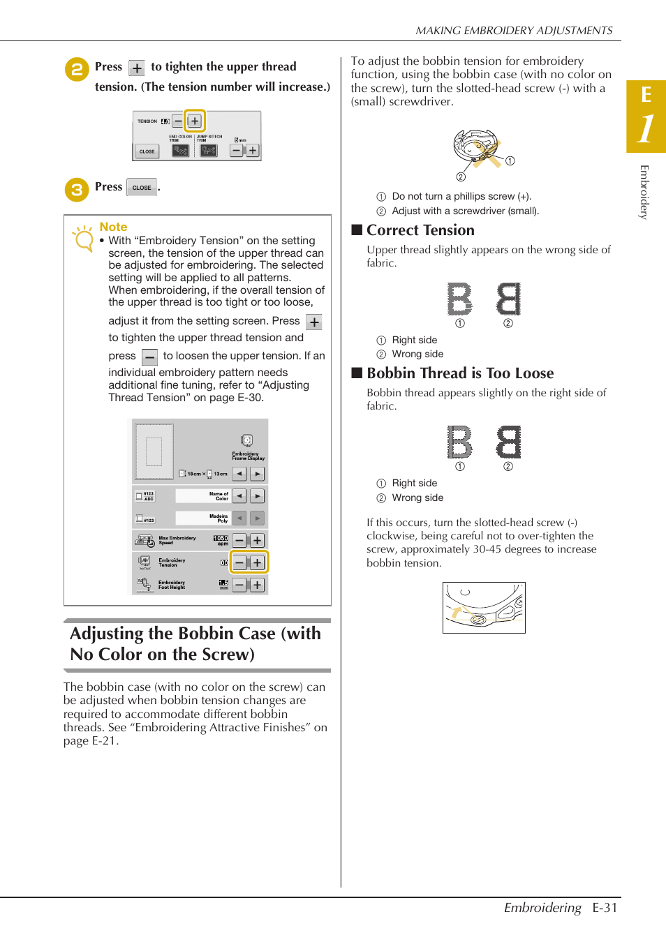 Correct tension, Bobbin thread is too loose | Baby Lock Spirit (BLPY) Instruction and Reference Guide User Manual | Page 97 / 184