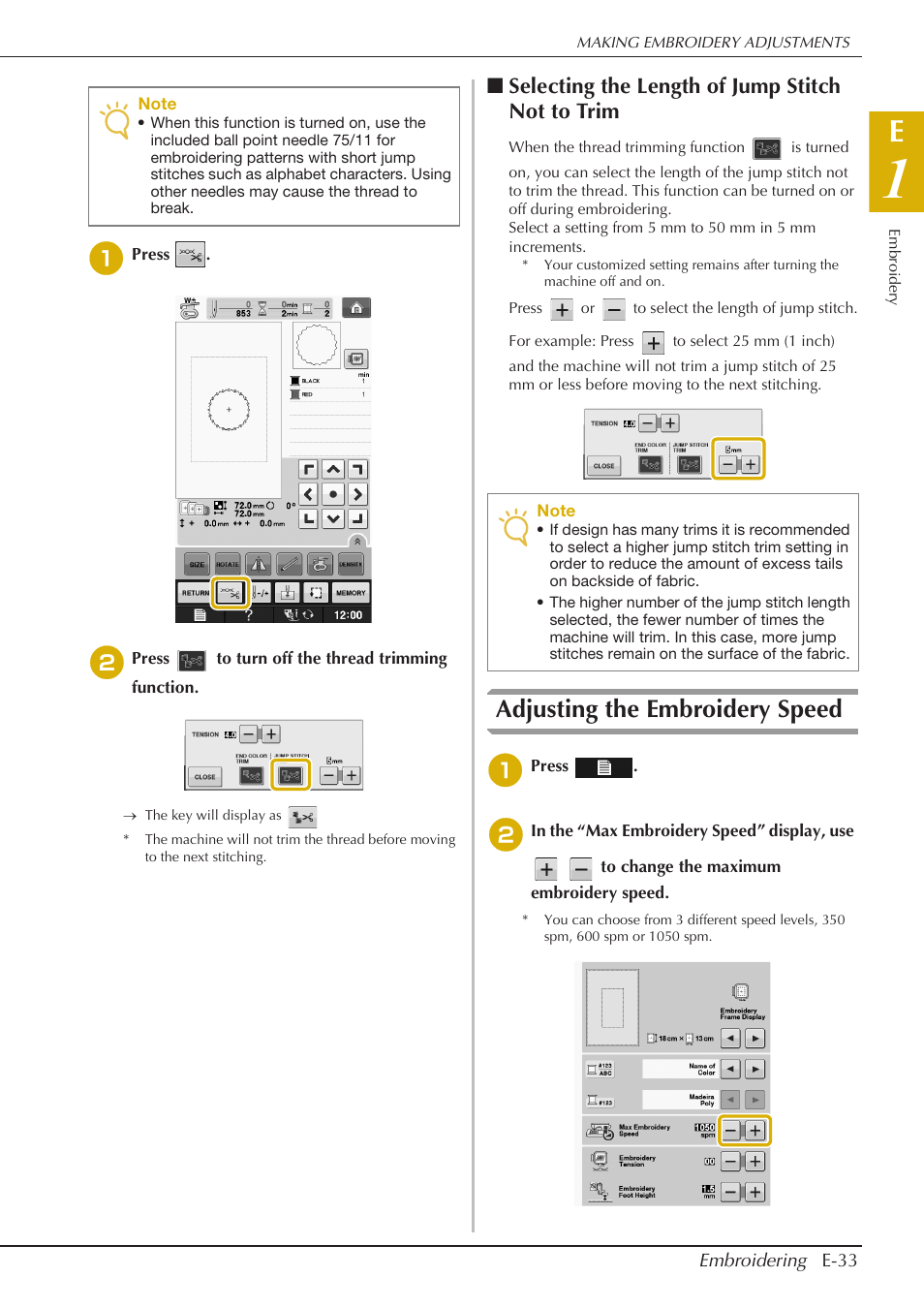 Adjusting the embroidery speed, Selecting the length of jump stitch not to trim | Baby Lock Spirit (BLPY) Instruction and Reference Guide User Manual | Page 99 / 184
