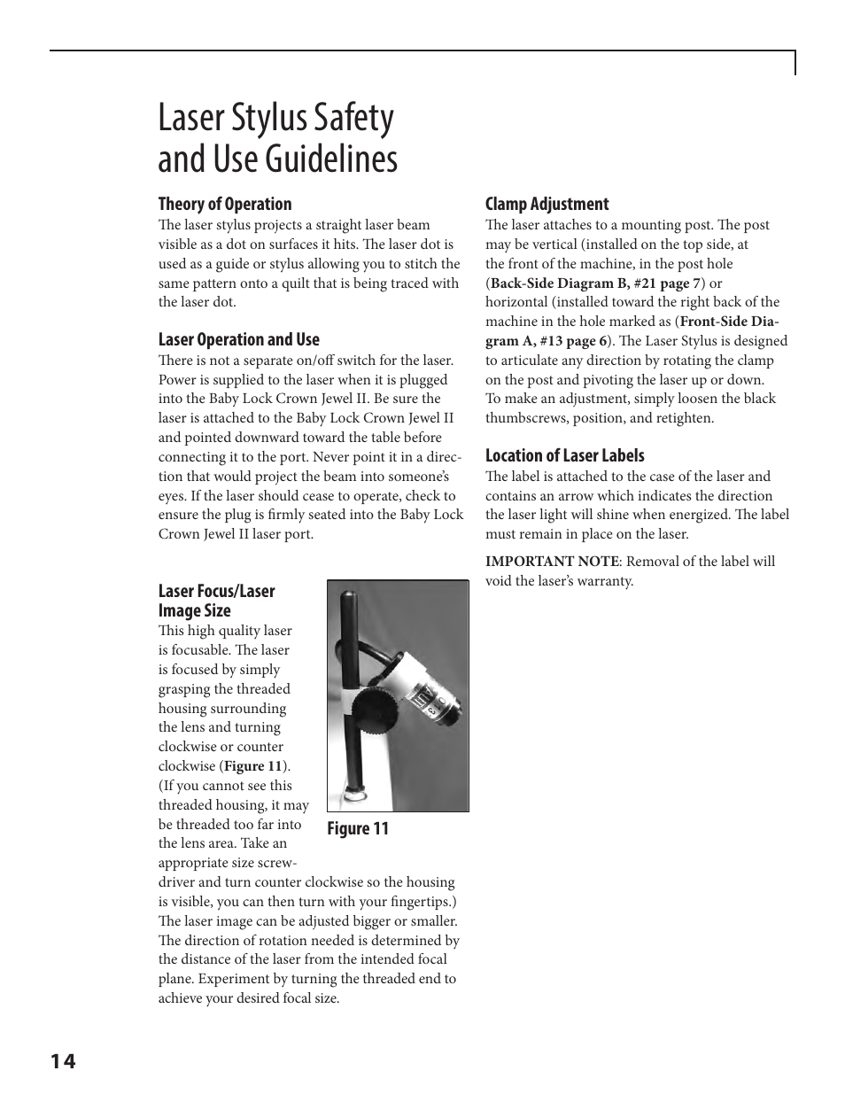 Laser stylus safety and use guidelines | Baby Lock Crown Jewel II (BLCJ18-2) Manual User Manual | Page 21 / 47