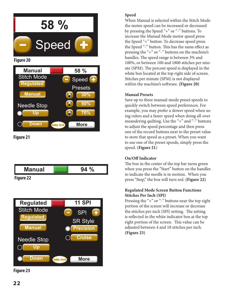 Stitch mode, Needle stop manual 58, Speed presets | More up down, Regulated | Baby Lock Crown Jewel II (BLCJ18-2) Manual User Manual | Page 29 / 47