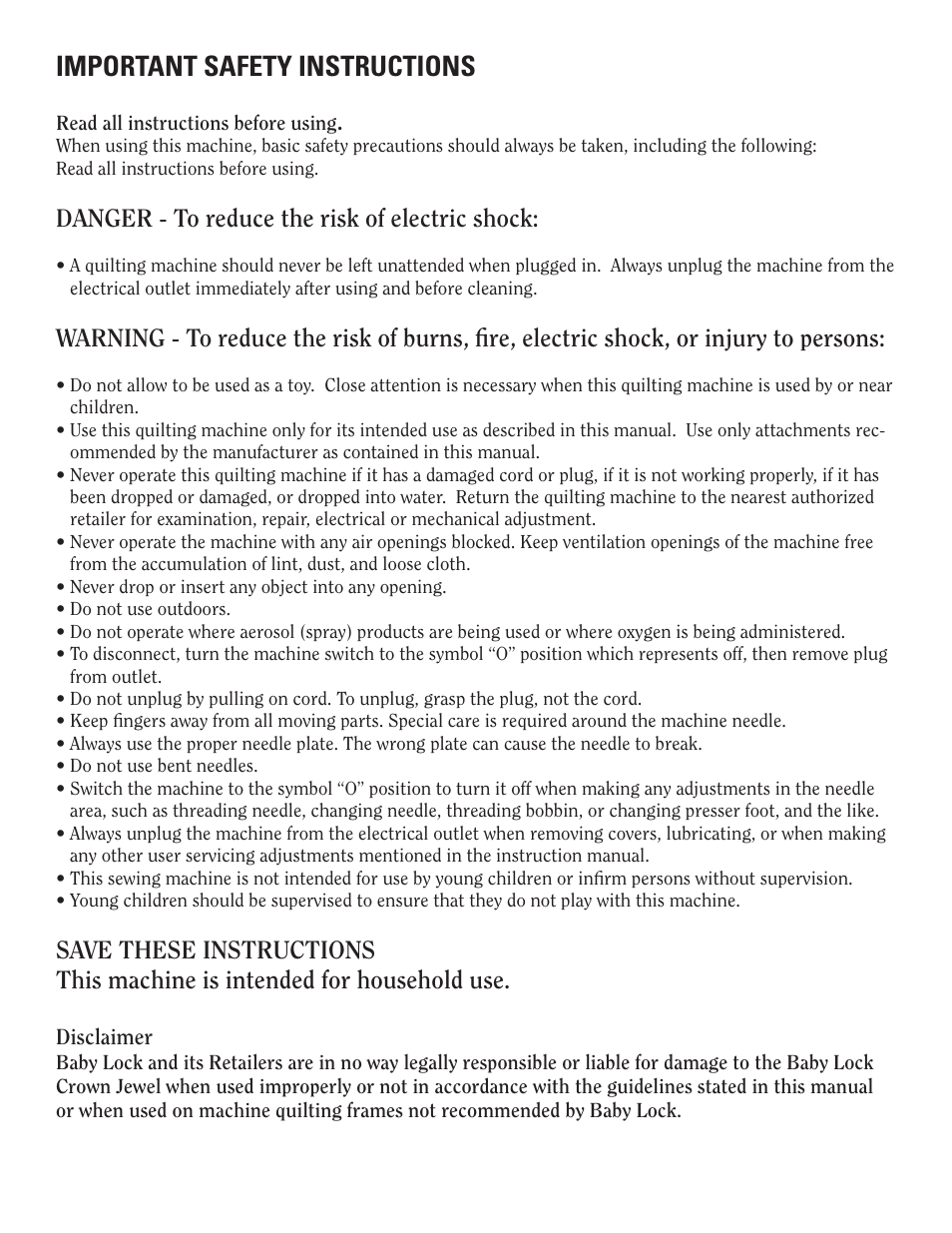 Important safety instructions, Danger - to reduce the risk of electric shock | Baby Lock Crown Jewel II (BLCJ18-2) Manual User Manual | Page 3 / 47