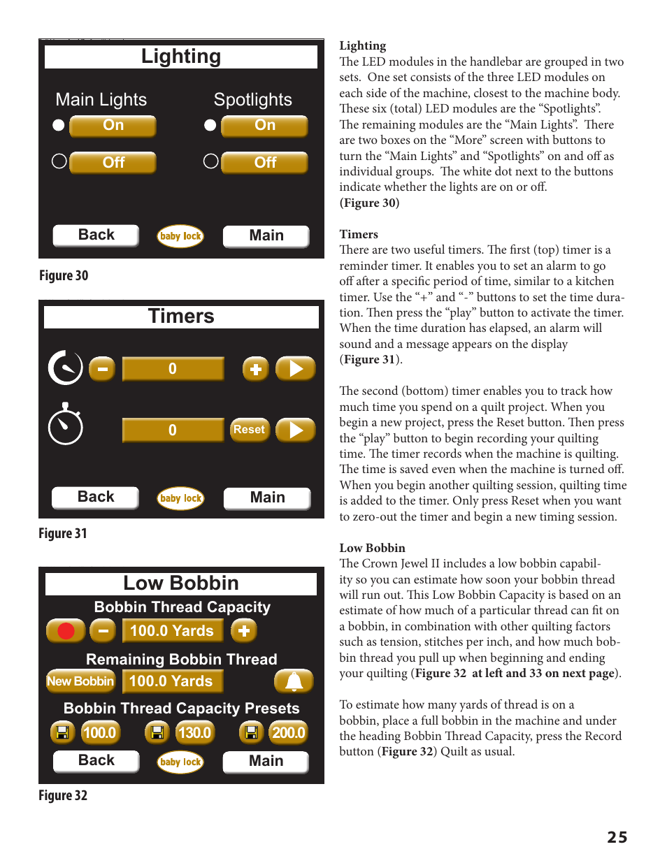 Lighting, Timers, Low bobbin | Main lights, Spotlights | Baby Lock Crown Jewel II (BLCJ18-2) Manual User Manual | Page 32 / 47