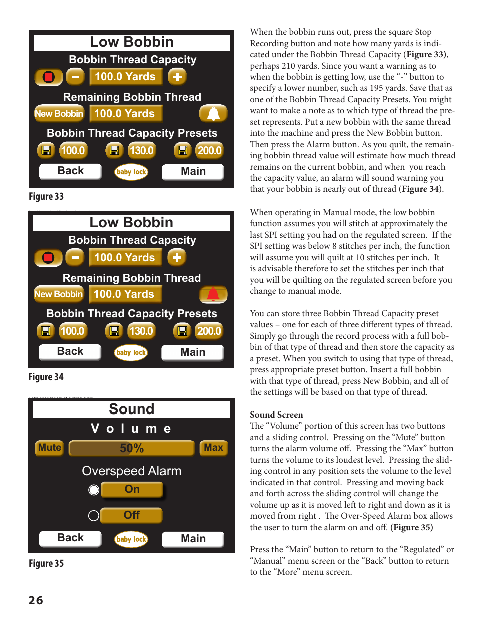 Sound, Low bobbin, Overspeed alarm | Baby Lock Crown Jewel II (BLCJ18-2) Manual User Manual | Page 33 / 47
