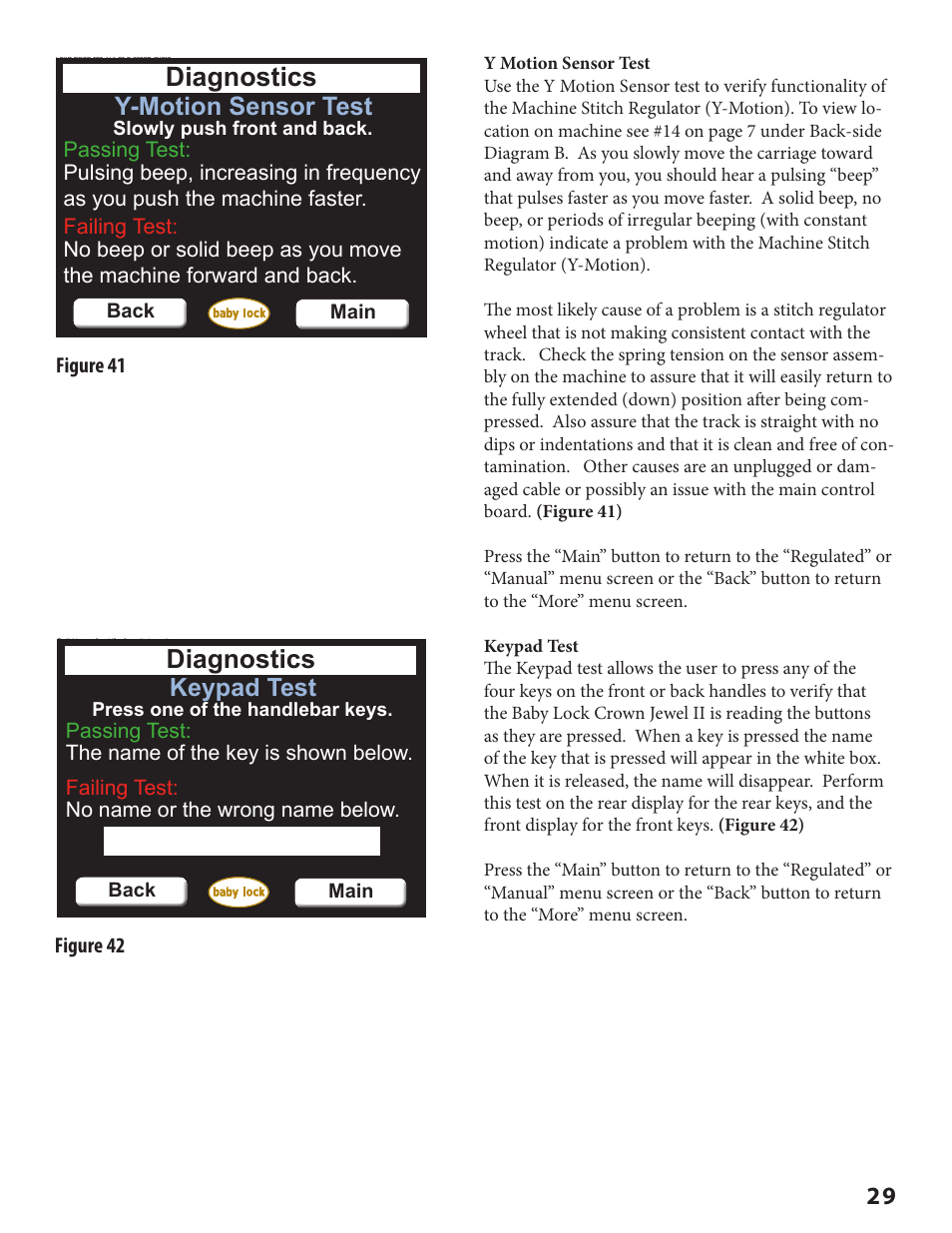Diagnostics, Y-motion sensor test, Keypad test | Baby Lock Crown Jewel II (BLCJ18-2) Manual User Manual | Page 36 / 47