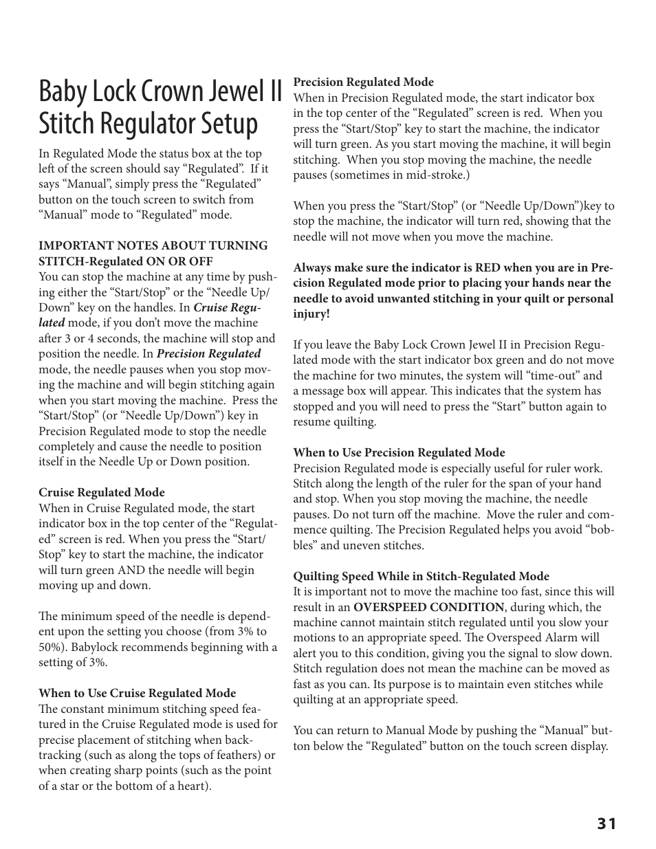 Baby lock crown jewel ii stitch regulator setup | Baby Lock Crown Jewel II (BLCJ18-2) Manual User Manual | Page 38 / 47