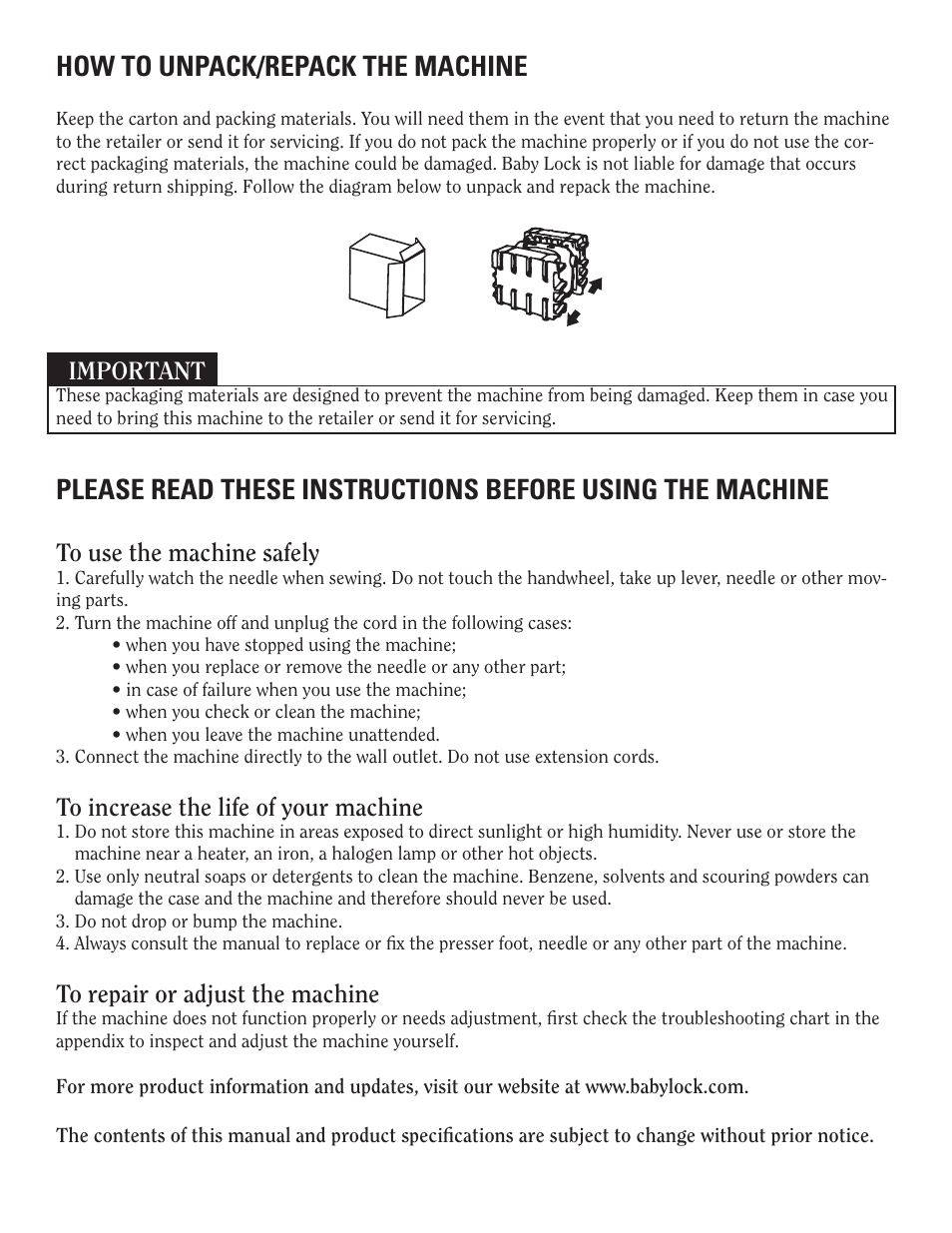 Important | Baby Lock Crown Jewel II (BLCJ18-2) Manual User Manual | Page 4 / 47