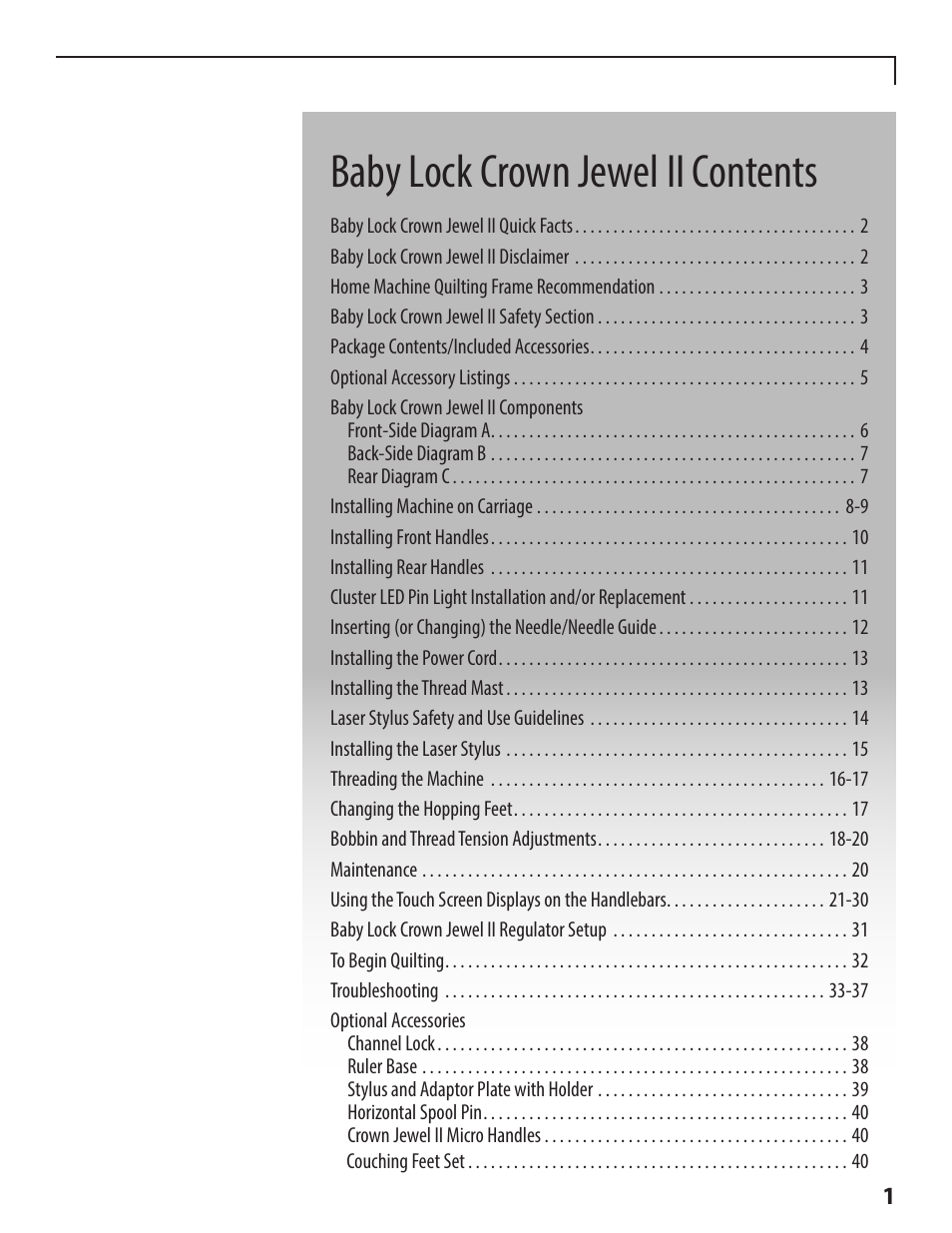 Crown jewel ii manual, Baby lock crown jewel ii contents | Baby Lock Crown Jewel II (BLCJ18-2) Manual User Manual | Page 8 / 47