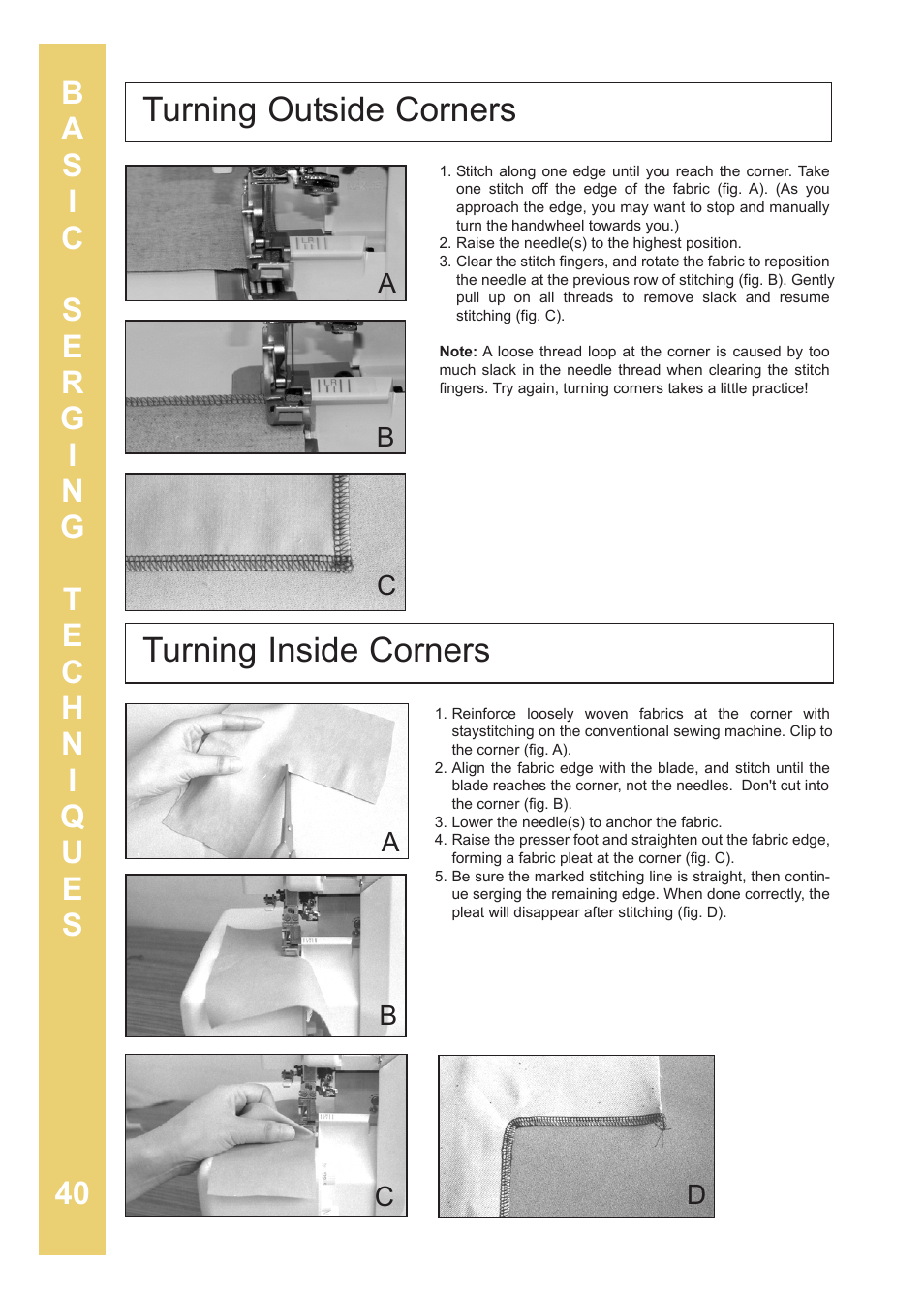 Turning outside corners turning inside corners | Baby Lock Enlighten (BLE3ATW-2) Instruction and Reference Guide User Manual | Page 42 / 56
