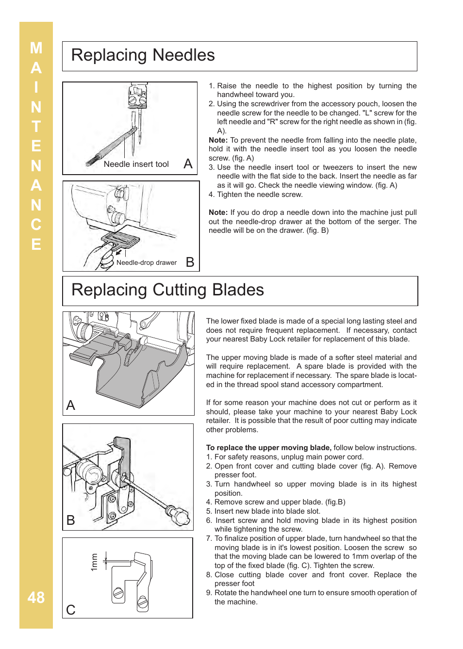 Replacing needles replacing cutting blades | Baby Lock Enlighten (BLE3ATW-2) Instruction and Reference Guide User Manual | Page 50 / 56