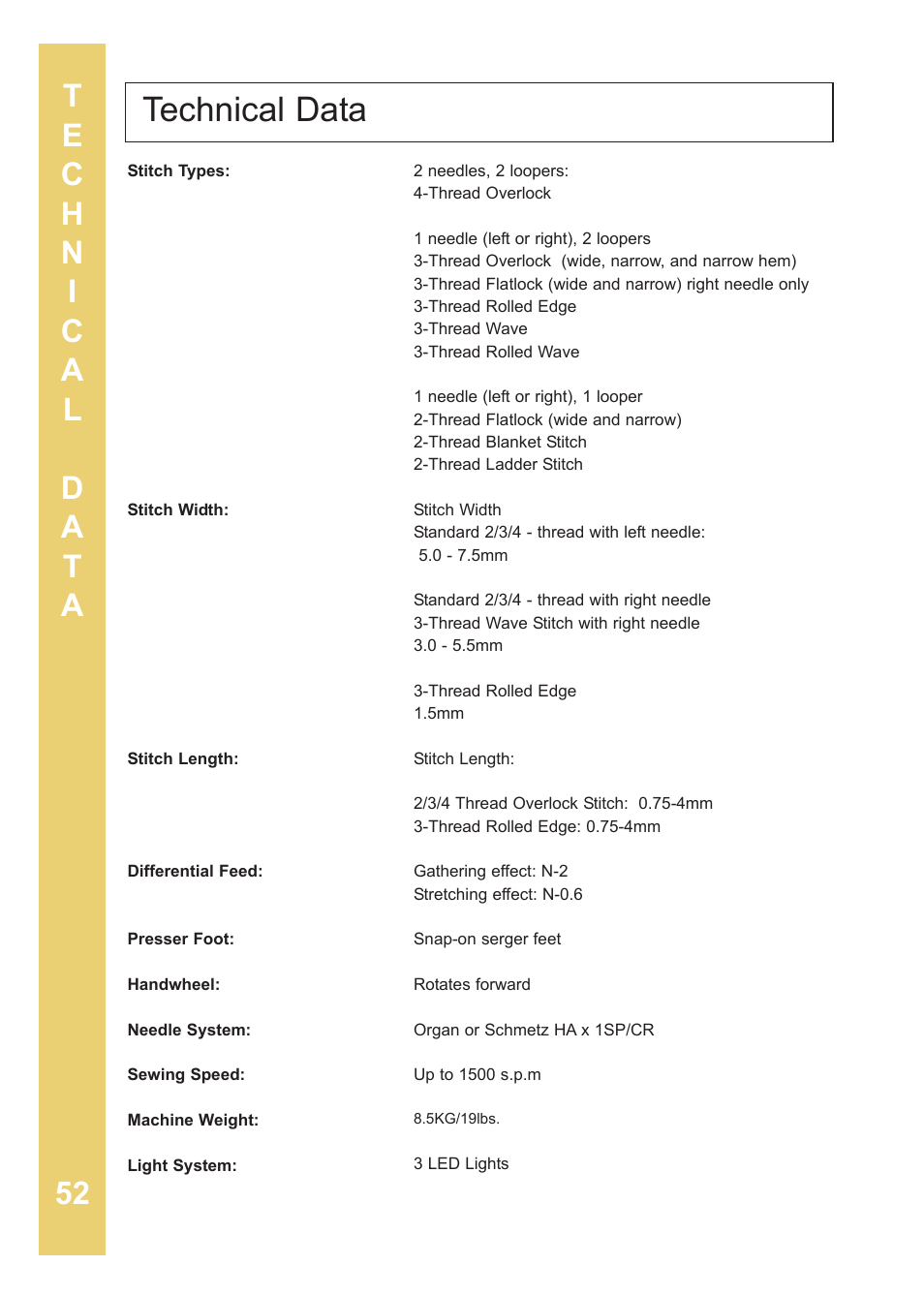 Technical data | Baby Lock Enlighten (BLE3ATW-2) Instruction and Reference Guide User Manual | Page 54 / 56