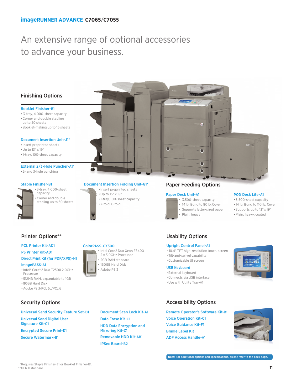 Image, Finishing options, Paper feeding options | Printer options, Security options, Accessibility options, Usability options | Canon IMAGERUNNER ADVANCE C7055 User Manual | Page 11 / 12