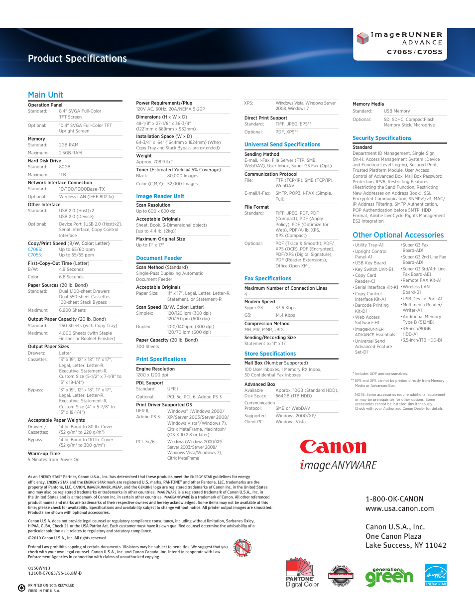 Product specifications, Main unit, Other optional accessories | Canon IMAGERUNNER ADVANCE C7055 User Manual | Page 12 / 12
