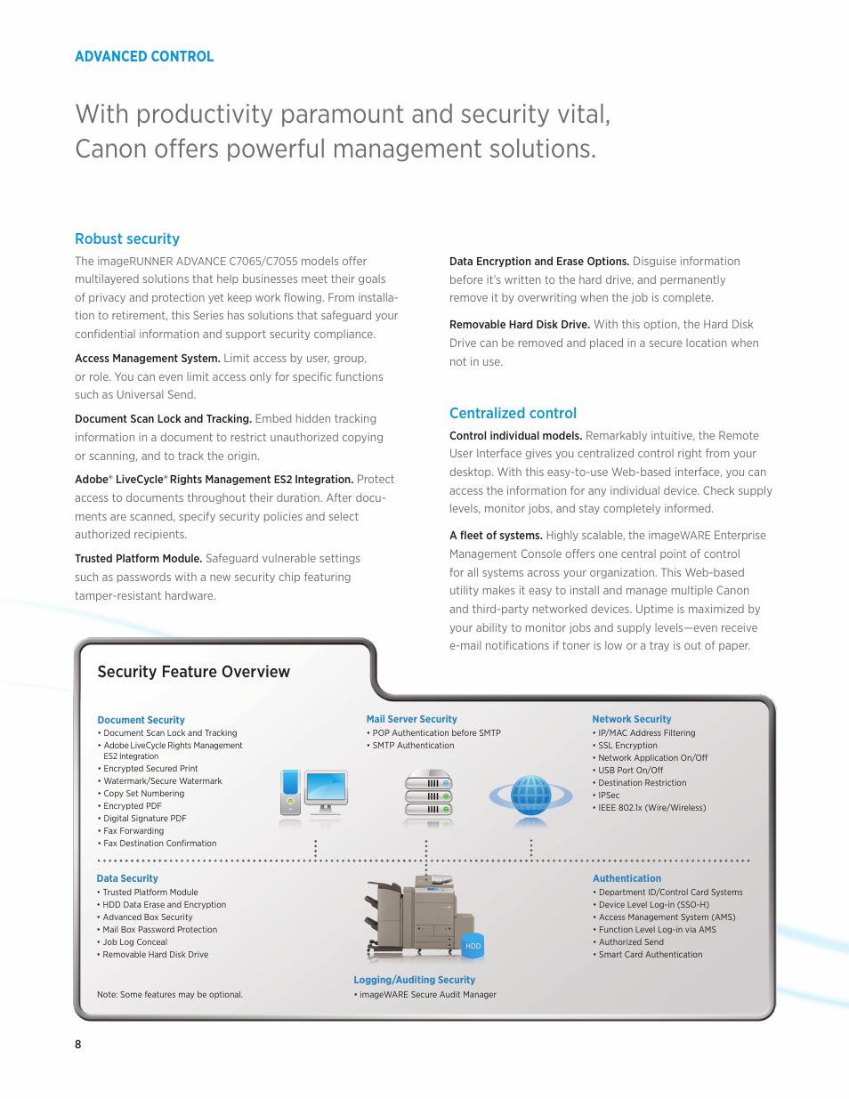 Security feature overview, Advanced control robust security, Centralized control | Canon IMAGERUNNER ADVANCE C7055 User Manual | Page 8 / 12