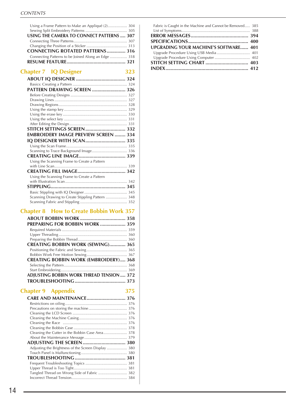 Chapter 7 iq designer 323, Chapter 8 how to create bobbin work 357, Chapter 9 appendix 375 | Baby Lock Destiny (BLDY) Instruction & Reference Guide-Part1 User Manual | Page 16 / 196