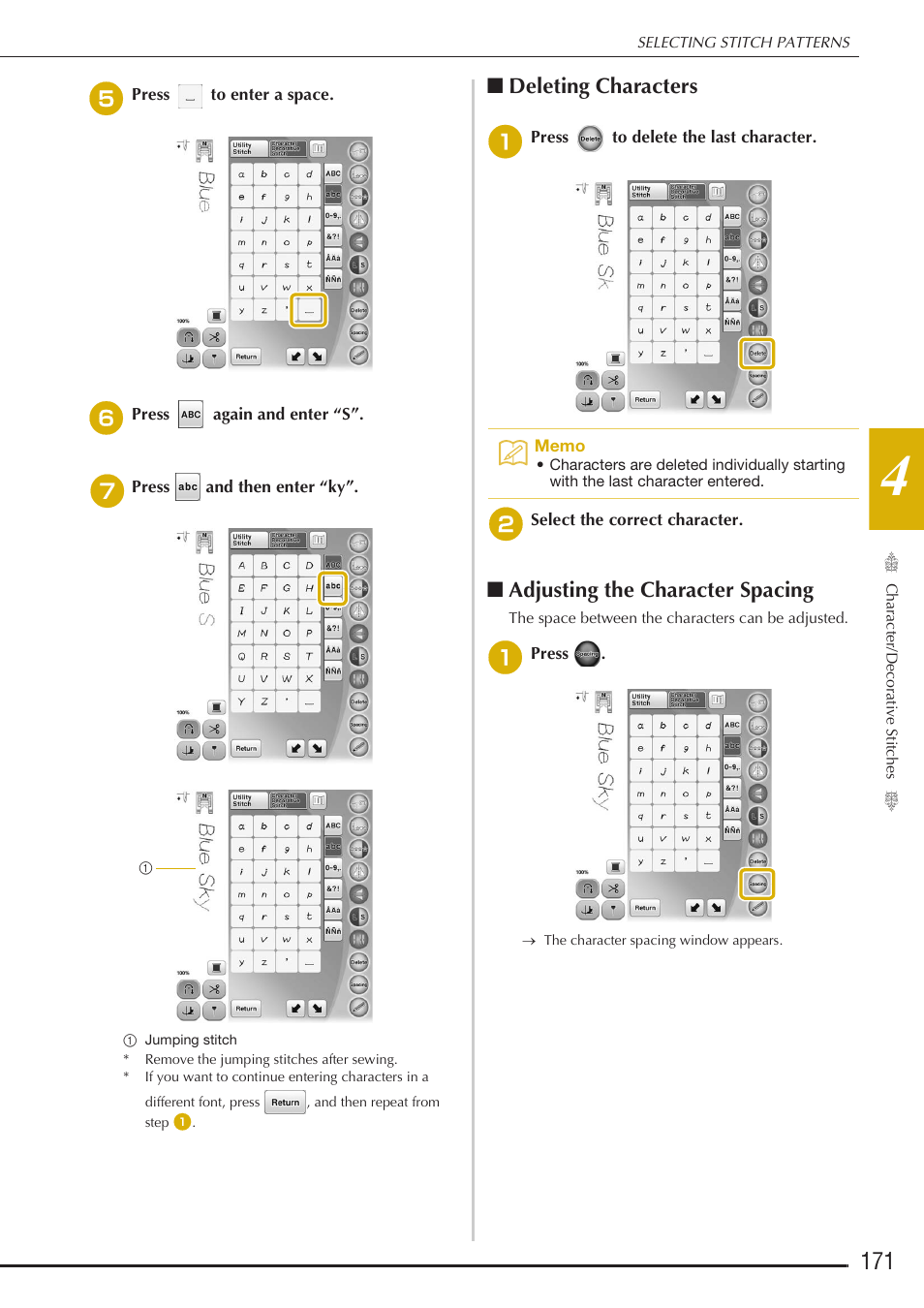 Deleting characters, Adjusting the character spacing | Baby Lock Destiny (BLDY) Instruction & Reference Guide-Part1 User Manual | Page 173 / 196