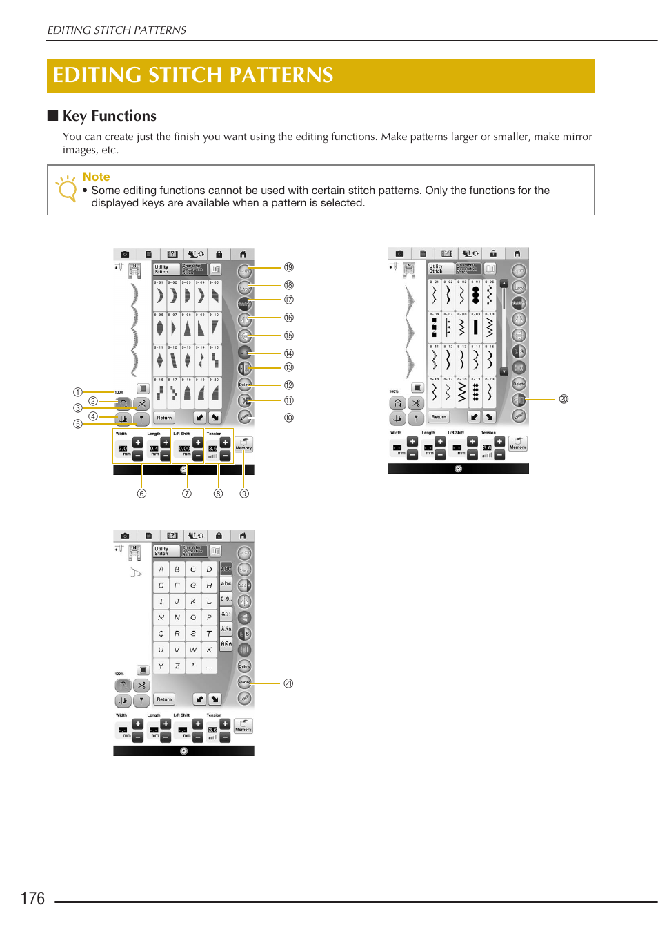 Editing stitch patterns, Key functions | Baby Lock Destiny (BLDY) Instruction & Reference Guide-Part1 User Manual | Page 178 / 196