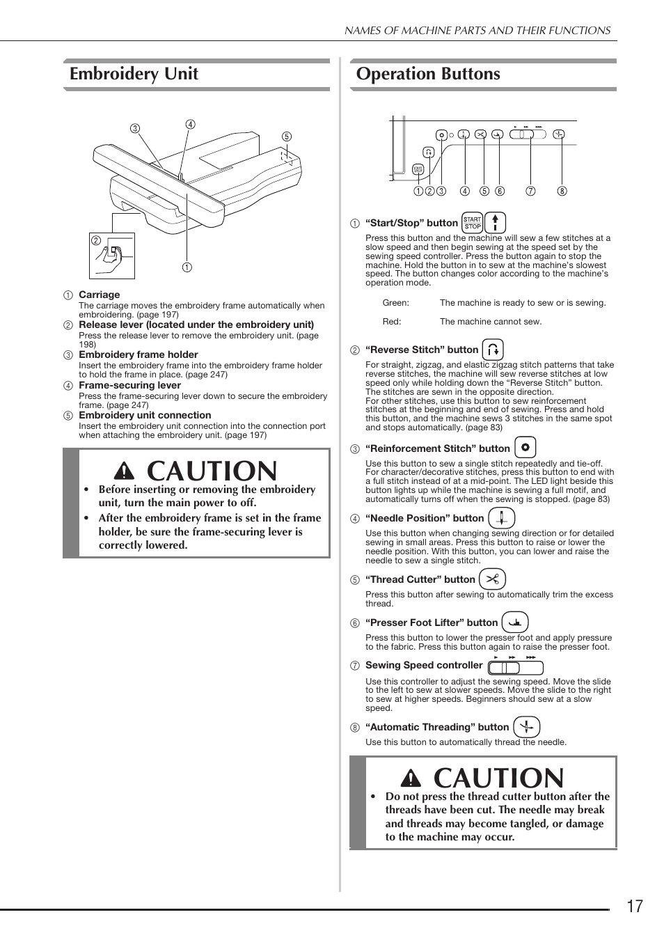 Caution, Embroidery unit, Operation buttons | Baby Lock Destiny (BLDY) Instruction & Reference Guide-Part1 User Manual | Page 19 / 196