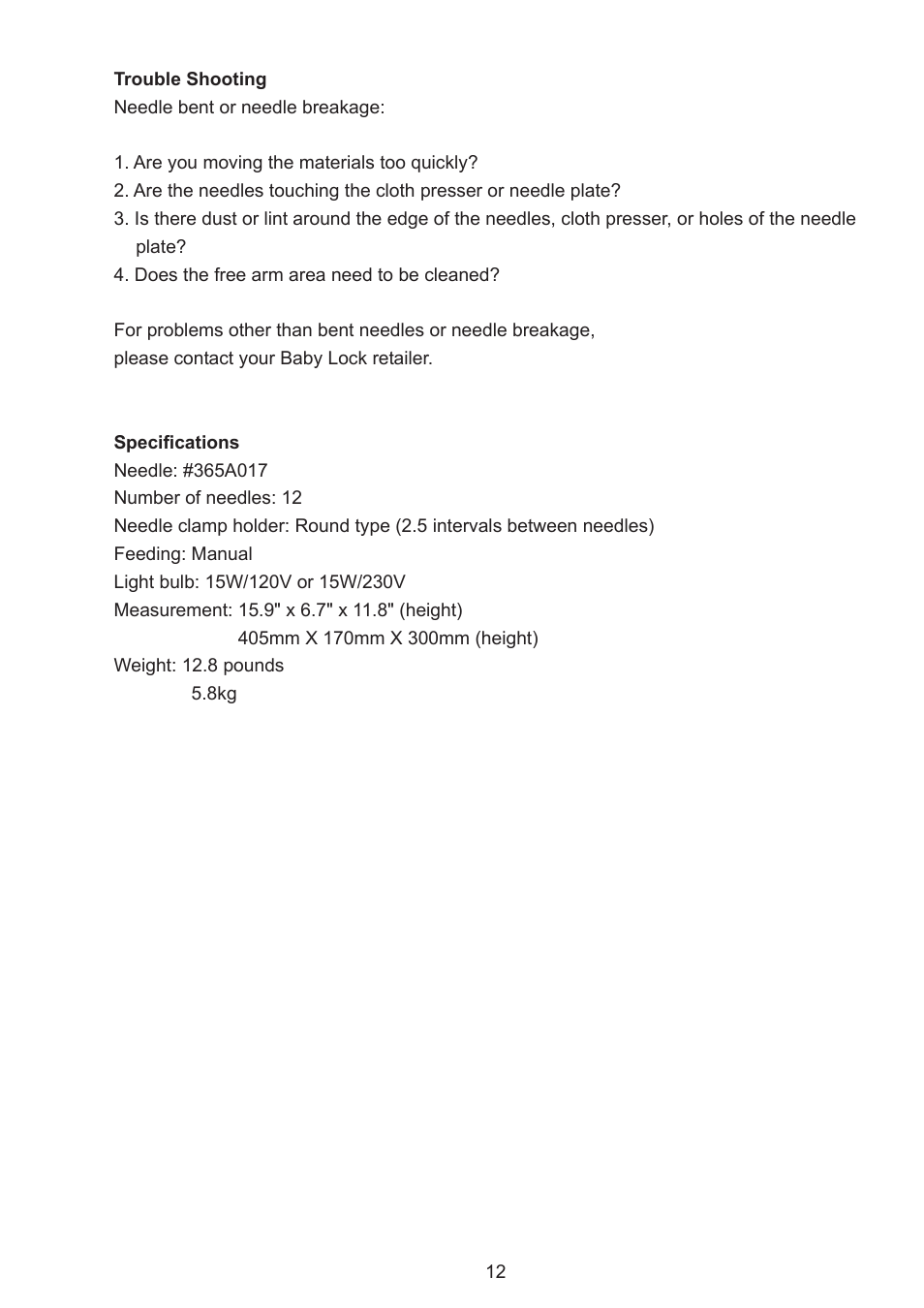 Baby Lock Embellisher (EMB12-2) Manual User Manual | Page 15 / 16