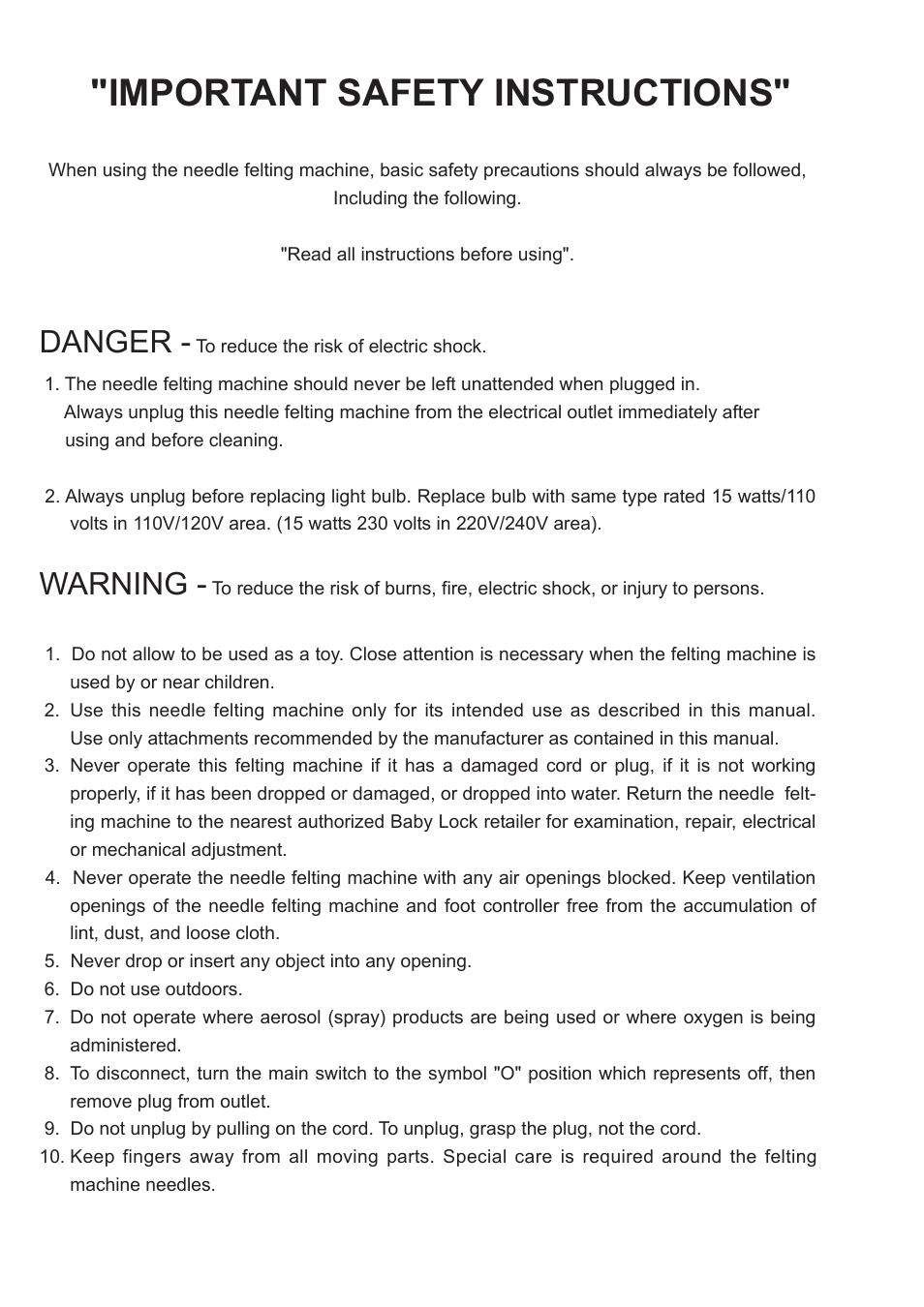 Important safety instructions, Danger, Warning | Baby Lock Embellisher (EMB12-2) Manual User Manual | Page 2 / 16
