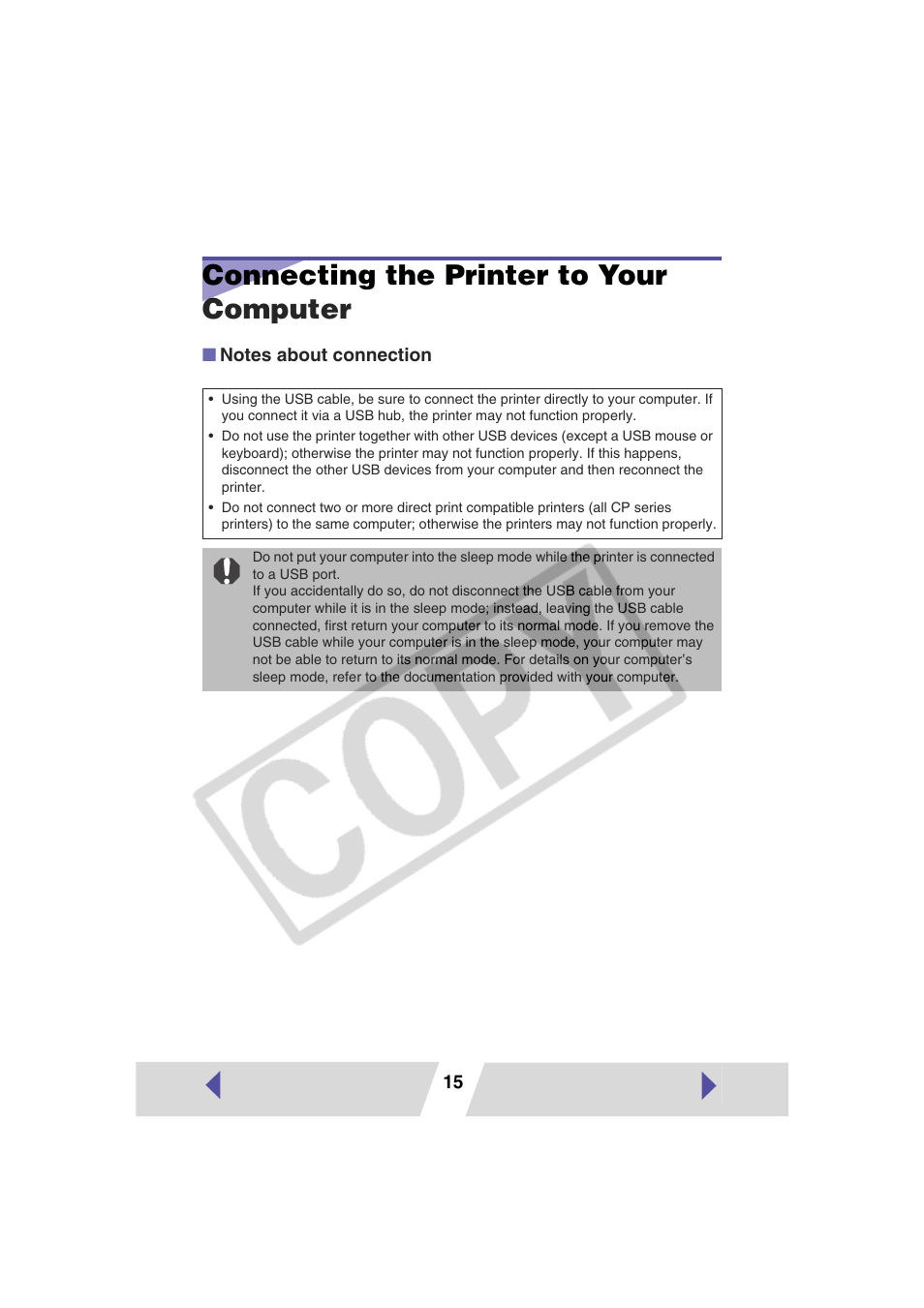 Connecting the printer to your computer | Canon CP-330 User Manual | Page 15 / 64