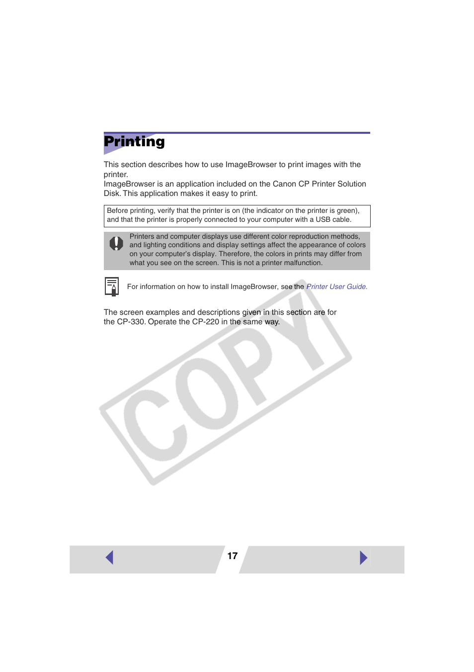 Printing | Canon CP-330 User Manual | Page 17 / 64