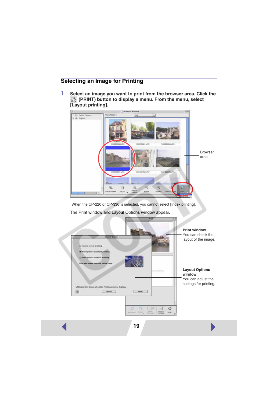 19 selecting an image for printing | Canon CP-330 User Manual | Page 19 / 64