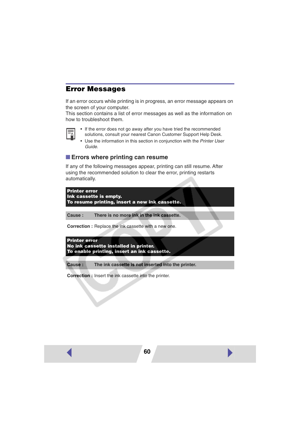 Error messages, Errors where printing can resume | Canon CP-330 User Manual | Page 60 / 64