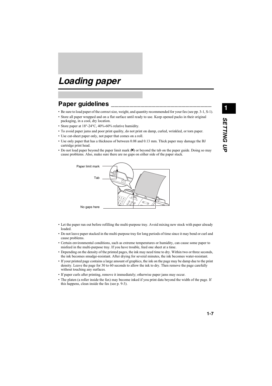 Loading paper, Paper guidelines, Se t t in g up | Canon B115 User Manual | Page 102 / 118