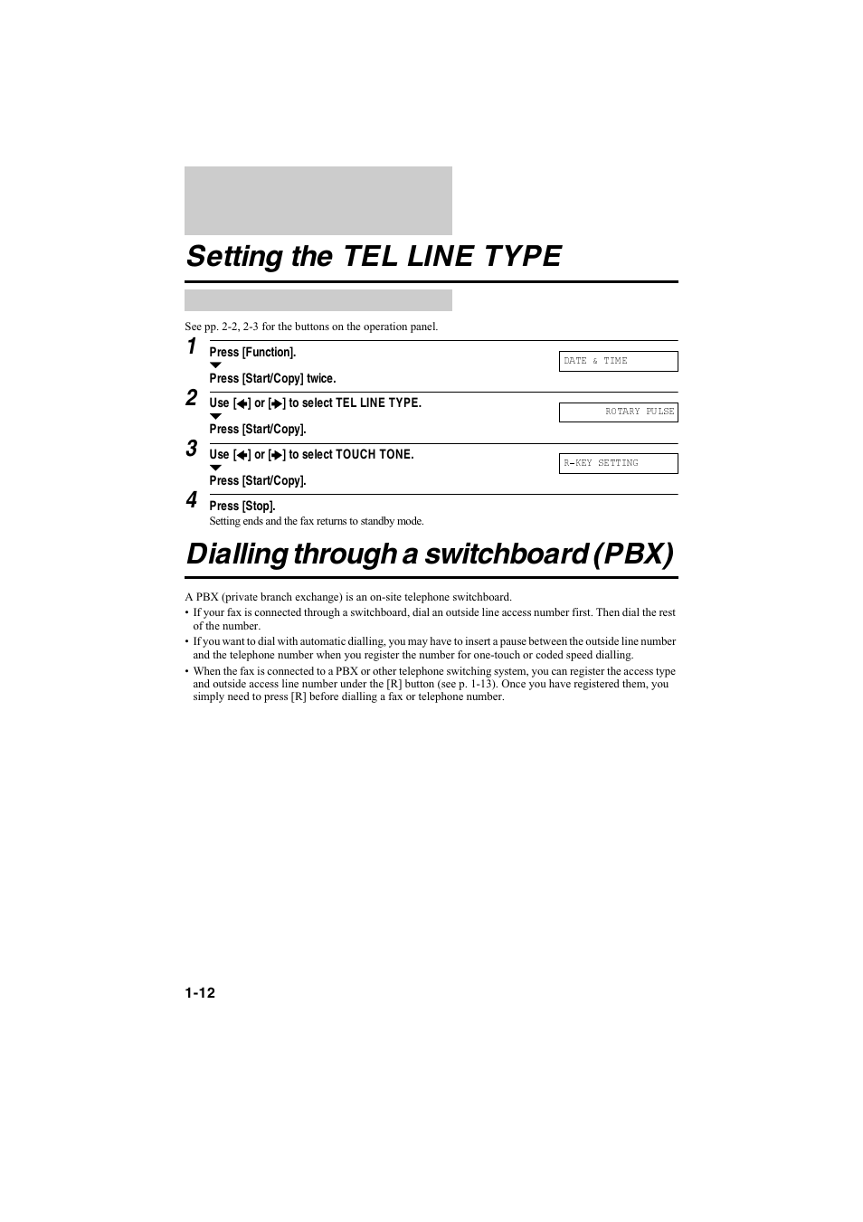 Setting the tel line type, Dialling through a switchboard (pbx) | Canon B115 User Manual | Page 107 / 118