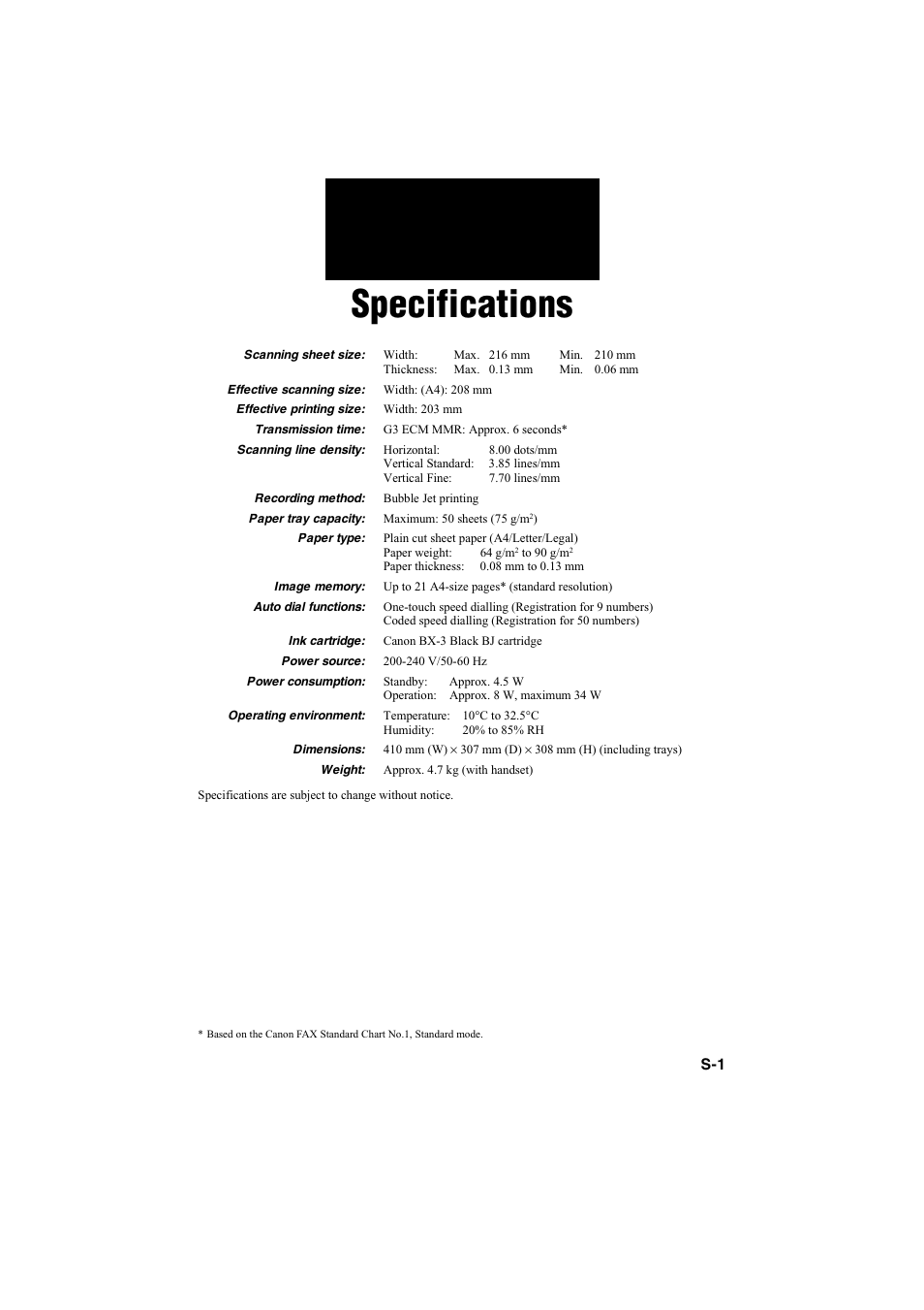 Specifications | Canon B115 User Manual | Page 11 / 118