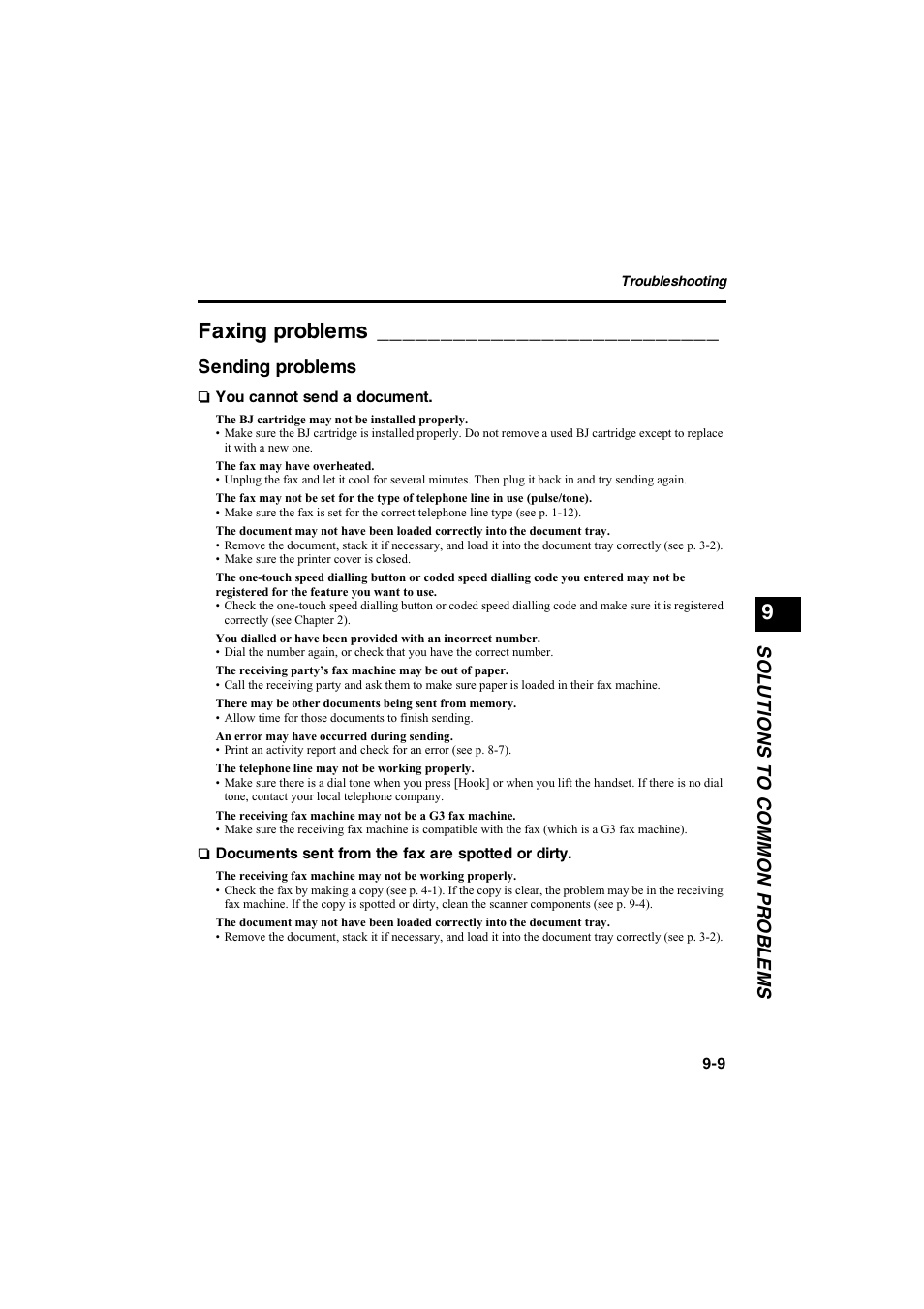 Faxing problems, Sol u t ions to common prob l e ms, Sending problems | Canon B115 User Manual | Page 26 / 118