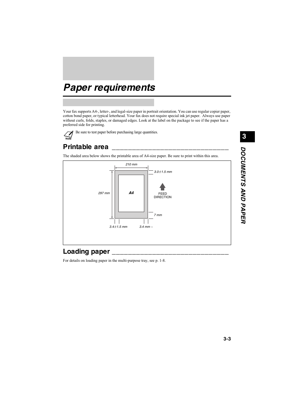 Paper requirements, Printable area, Loading paper | Do cument s a nd pa per | Canon B115 User Manual | Page 82 / 118
