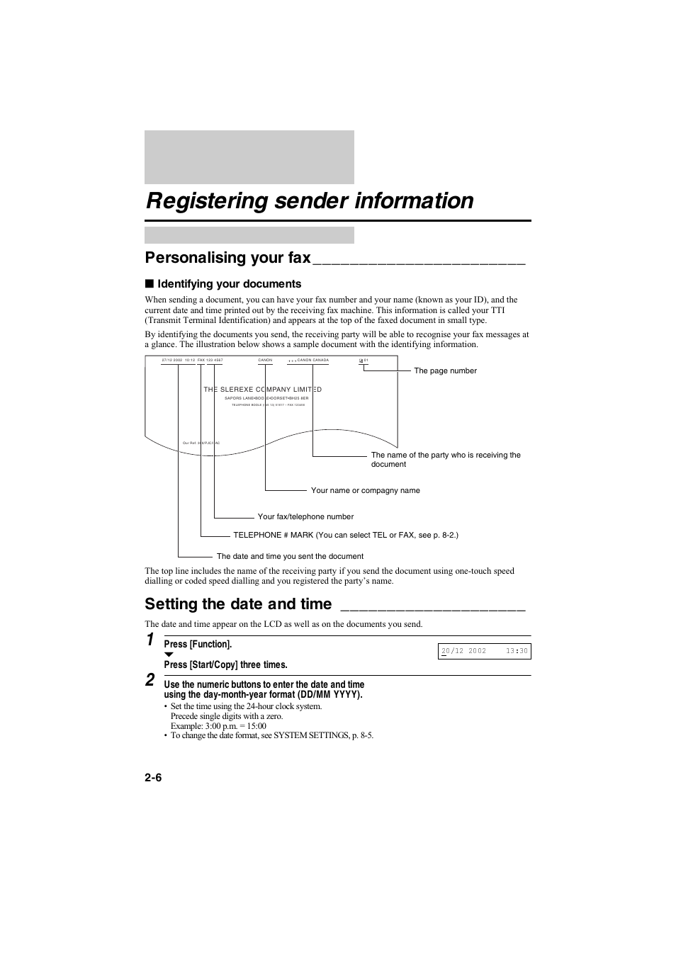Registering sender information, Personalising your fax, Setting the date and time | Canon B115 User Manual | Page 88 / 118