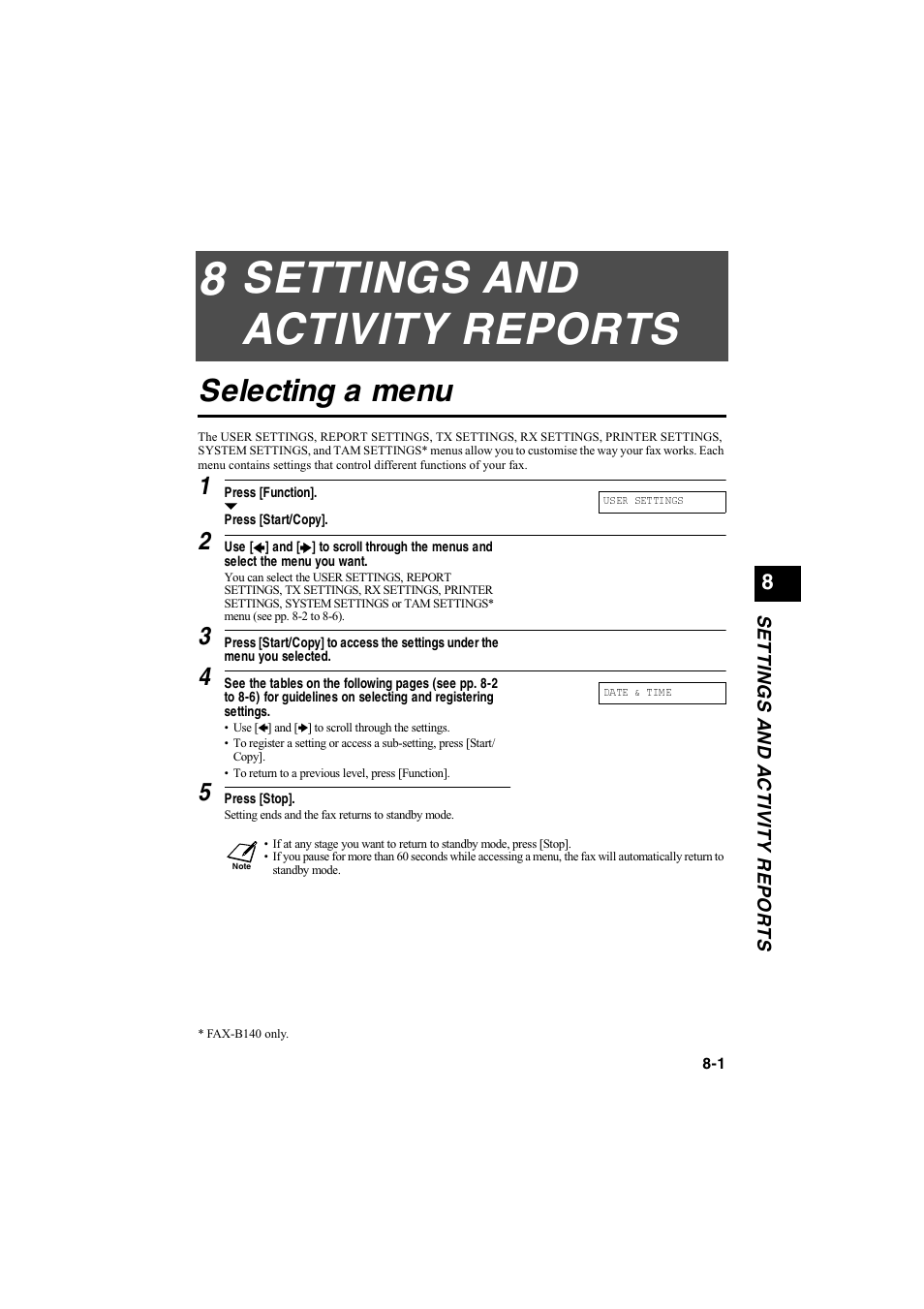 Settings and activity reports, Selecting a menu | Canon B115 User Manual | Page 9 / 118