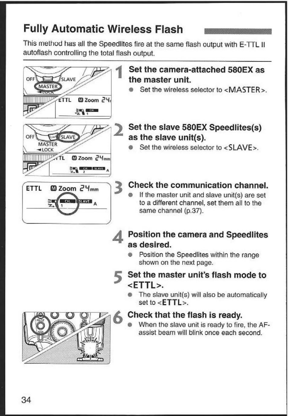Set the camera-attached 580ex as the master unit, Fully automatic wireless flash | Canon 580EX User Manual | Page 36 / 58