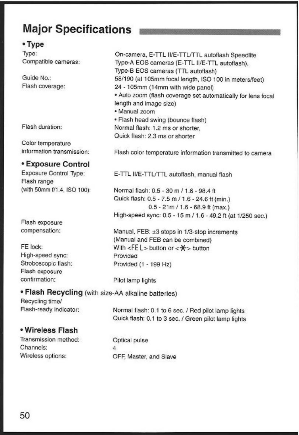 Major specifications, Quid? nio, Exposure control | Flash recycling | Canon 580EX User Manual | Page 52 / 58